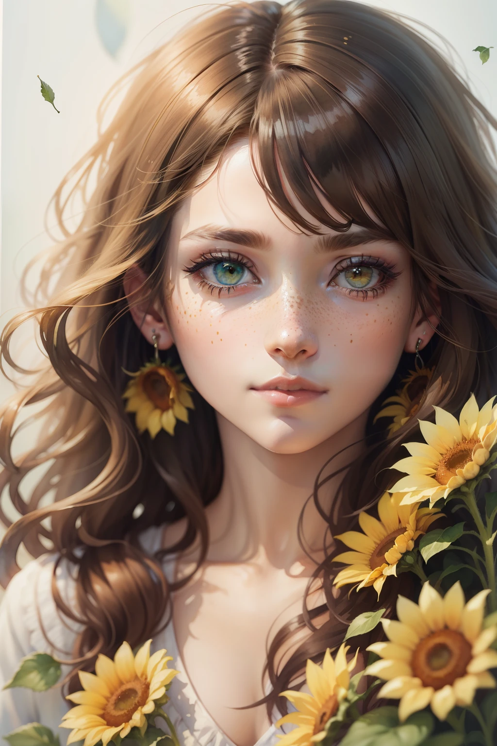 (watercolor:1.2),1girl, solo, flower, sunflower,freckles, portrait, leaf, bangs, signature, yellow flower, brown hair, long hair, green eyes, hair between eyes, flower earrings