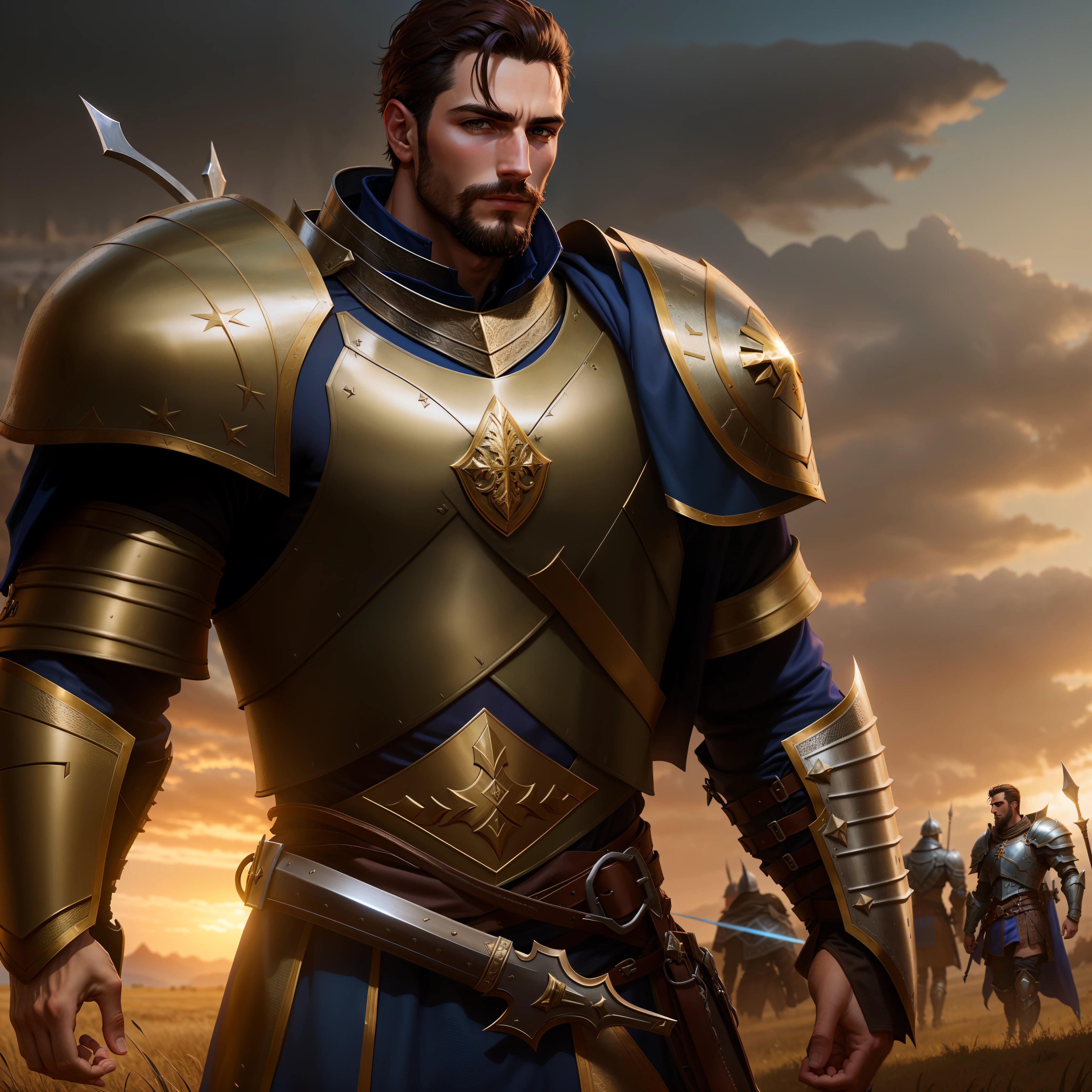 There is a man in armor standing in a field with other men, um paladino masculino humano, Paladino masculino, Arsen Lupin como um paladino, atraente macho de carne com armadura, macho atraente com armadura, picture of a male cleric, paladino fantasia, imagem de um guerreiro masculino adulto, cavaleiro da fantasia forte, Lendas de Runeterra