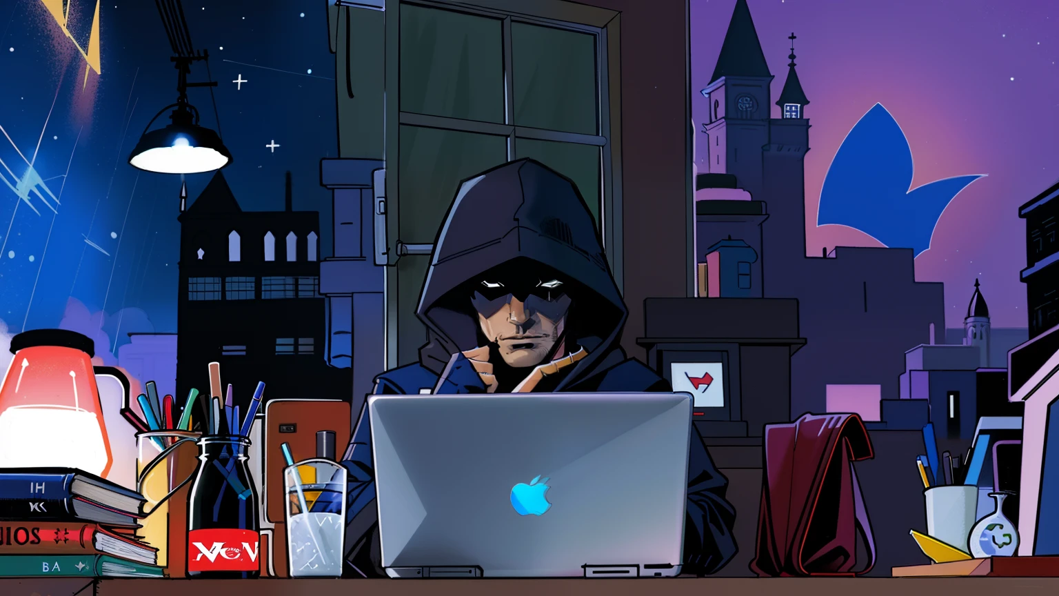 Um homem de capuz olhando para frente falando no microfone com um laptop, a man in a coat wearing a hood dark and dark scenery,estilo DC Comics