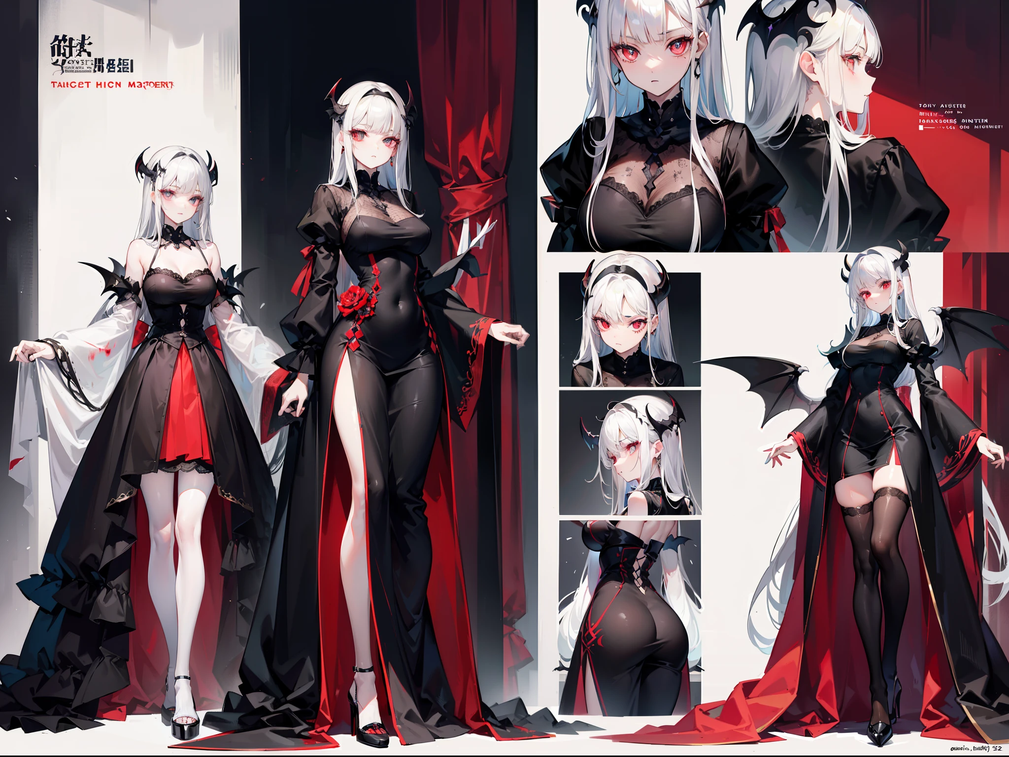 ((Masterpiece, Highest quality)), Detailed face, CharacterDesignSheet， full bodyesbian, Full of details, Multiple poses and expressions, Highly detailed, Depth, Many parts，Beautiful girl with white hair，with hair dishevelled，long whitr hair，Wearing a long black dress，black lence stockings，Very high black high heels，Sick，White pupils，The legs are very thin，The legs are long，Blood-red eyelashes，The demons，Tall and tall，Thin，Black wings