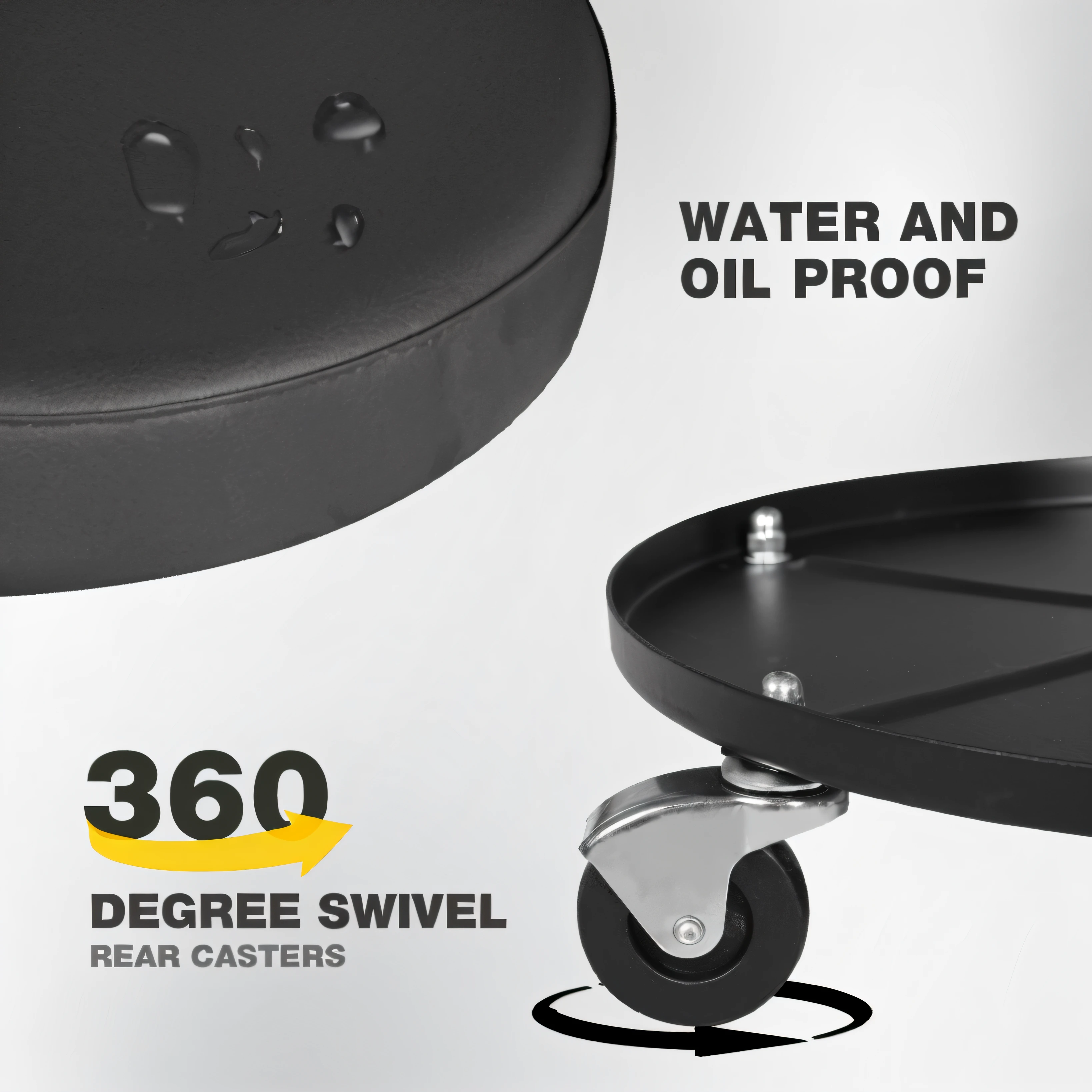 Close-up of black table with black wheels, textured base ; product image, product - view, high detail product photo, 300mm, 3 0 0 mm, 2 0 0 mm, 200mm, 200 mm, 4 0 0 mm, Detailed features, detailed zoom photo, superior detail, clear detailed view, smooth surfaces