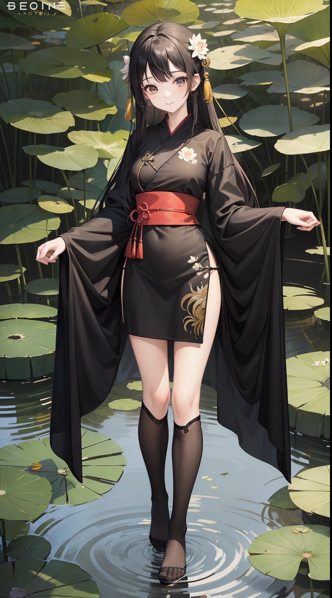hoang lap,A high resolution,ultra - detailed,photo-realistic(1girll:1.3),handpainted,Simple lines,-yeld giwearing black Chinese Hanfu,beuaty girl,In the lotus pond,standing on your feet,tmasterpiece,feet in water,black pantyhoses,black pantyhoses,ssmile,looking toward the viewer,Large round chest,Gestures are natural,Raised sexy,