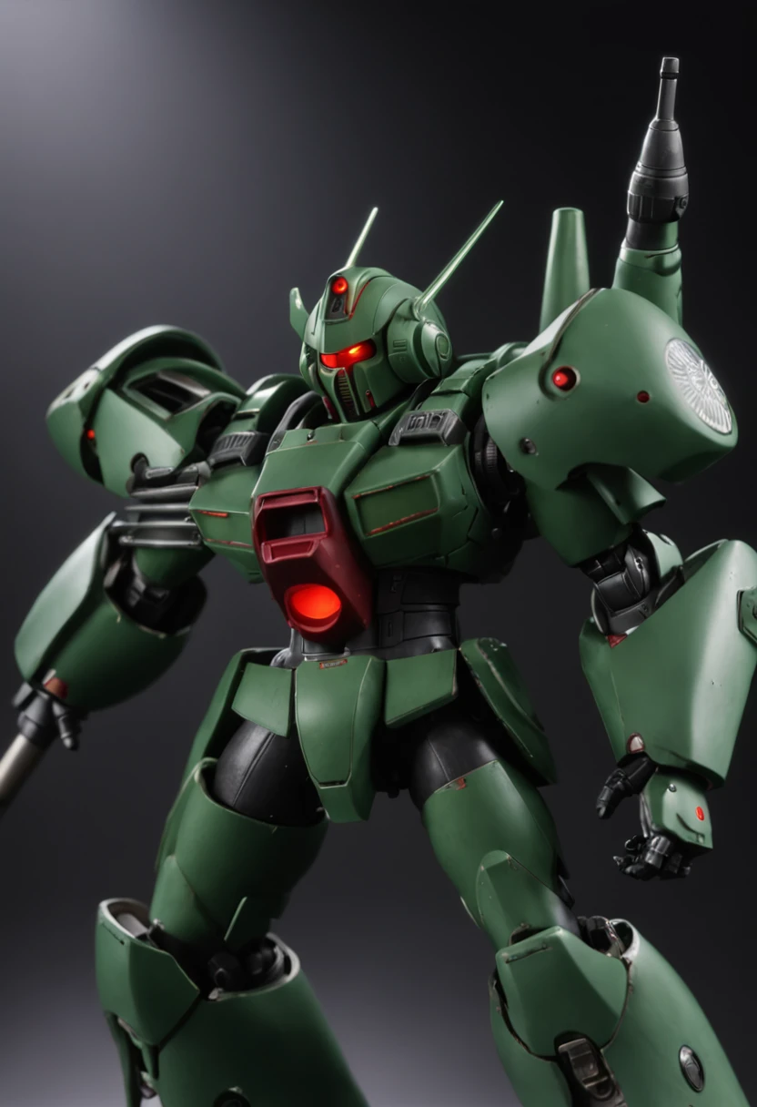 Coming out in the world of Mobile Suit Gundam with the image of a demon in green「Zaku」In a mobile suit called、One round red eye glows、Mono、Wears round armor with spines only on his left shoulder、The overall form has rounded corners、Plumbing cables all over the body are exposed、Holding a red, heated axe in one hand