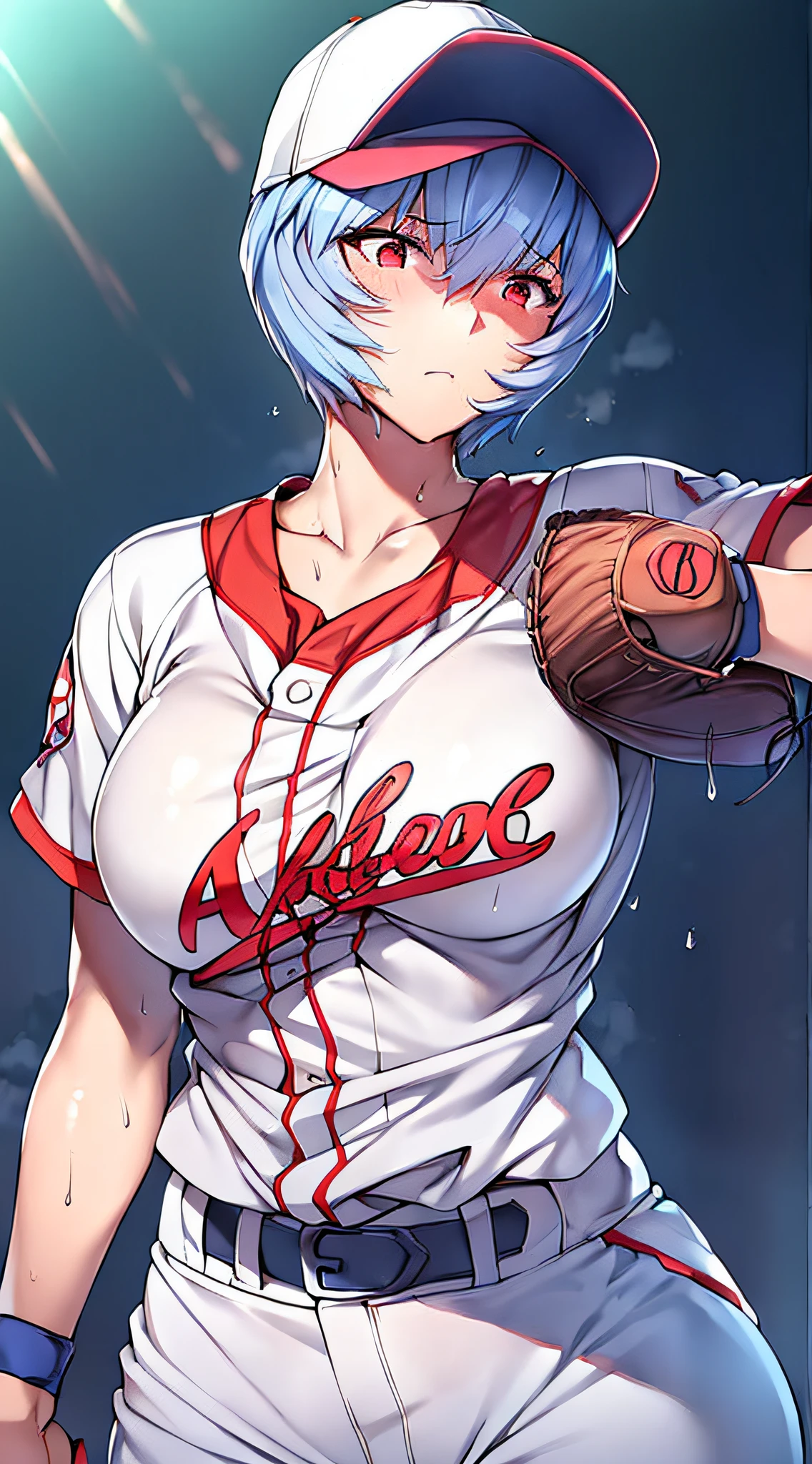 Masterpiece++, Best quality++, Ultra-definition++, Ultra-definition++, 4k++, 8k++, (background focus)++, very detailed, ((ballpark))++, (1 person), ((( Evangelion Ayanami Rei))) +++, ((baseball player)), (((baseball uniform))) +++, ((((throwing form))))++++((baseball in right hand) )++, ((mature woman playing baseball))++, (baseball hat), (baseball glove in left hand), blush, (wristband on wrist), (gray hair), (super shiny hair and skin ), (Nikko), ((beautiful)), sweaty body, cleavage, lively, sweating, serious expression, perfect eyes, perfect hands, perfect nose, Evangelion Ayanami Rei, bright atmosphere , (wet effect)+, (light effect), (cinematic light)+, (light cinematic)+