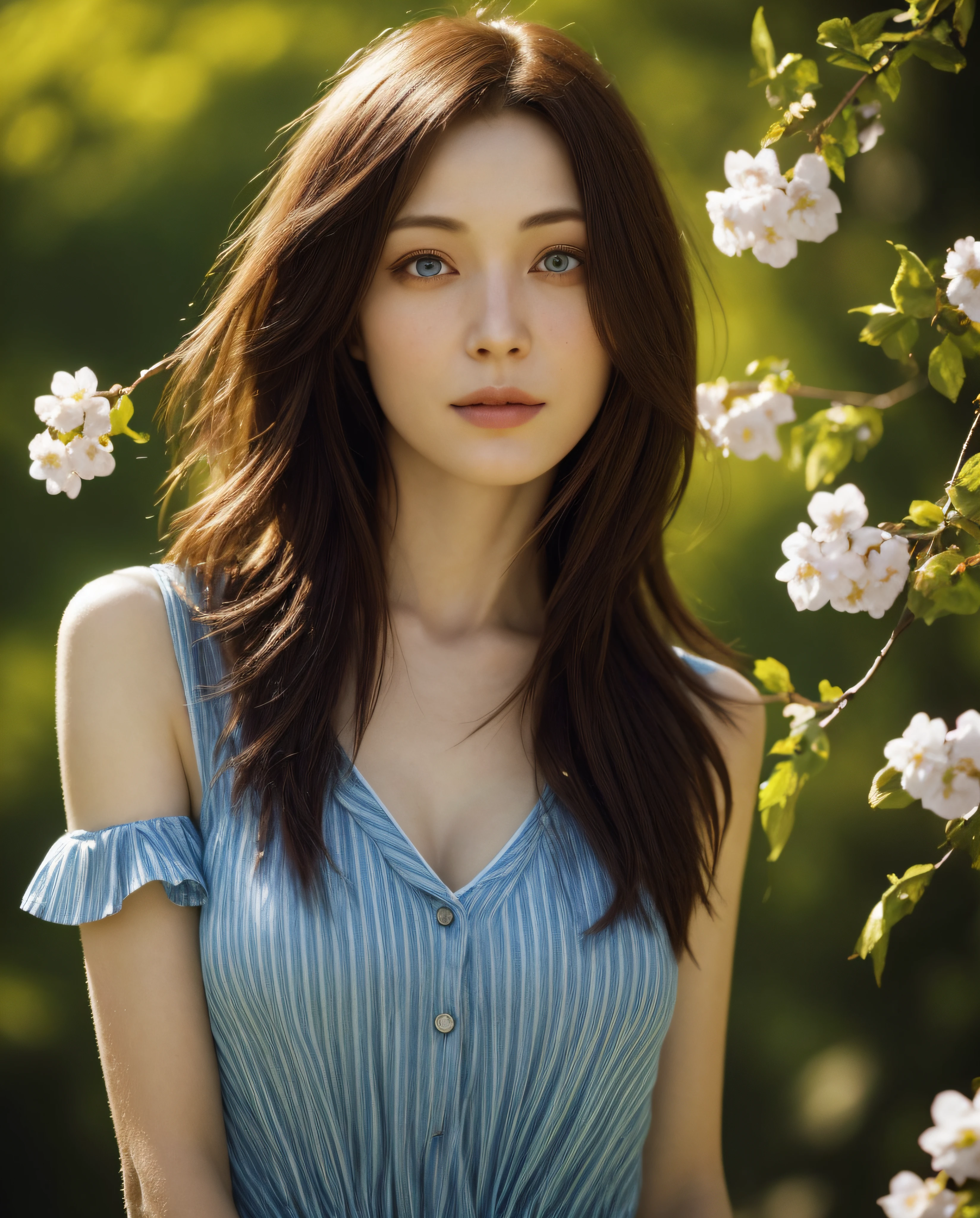 Cherry blossoms fall in the background,girl's melancholy face,Hair color is white,blurred background、anatomy、Russian20Talented Woman、small face、detailed beautiful eyes、plump lips、detailed eyes and face、turquoise eyes、long eyelashes、1 girl、skin like white porcelain、Soft and delicate skin、bangs are short、medium long hair、full face,clothes are talking blue,The subject of the painting is a mysterious girl whose cherry blossoms are falling.。,perfect proportions,Beautiful body proportions,Full body front design、born、highest quality、High resolution、masterpiece:1.3、8k