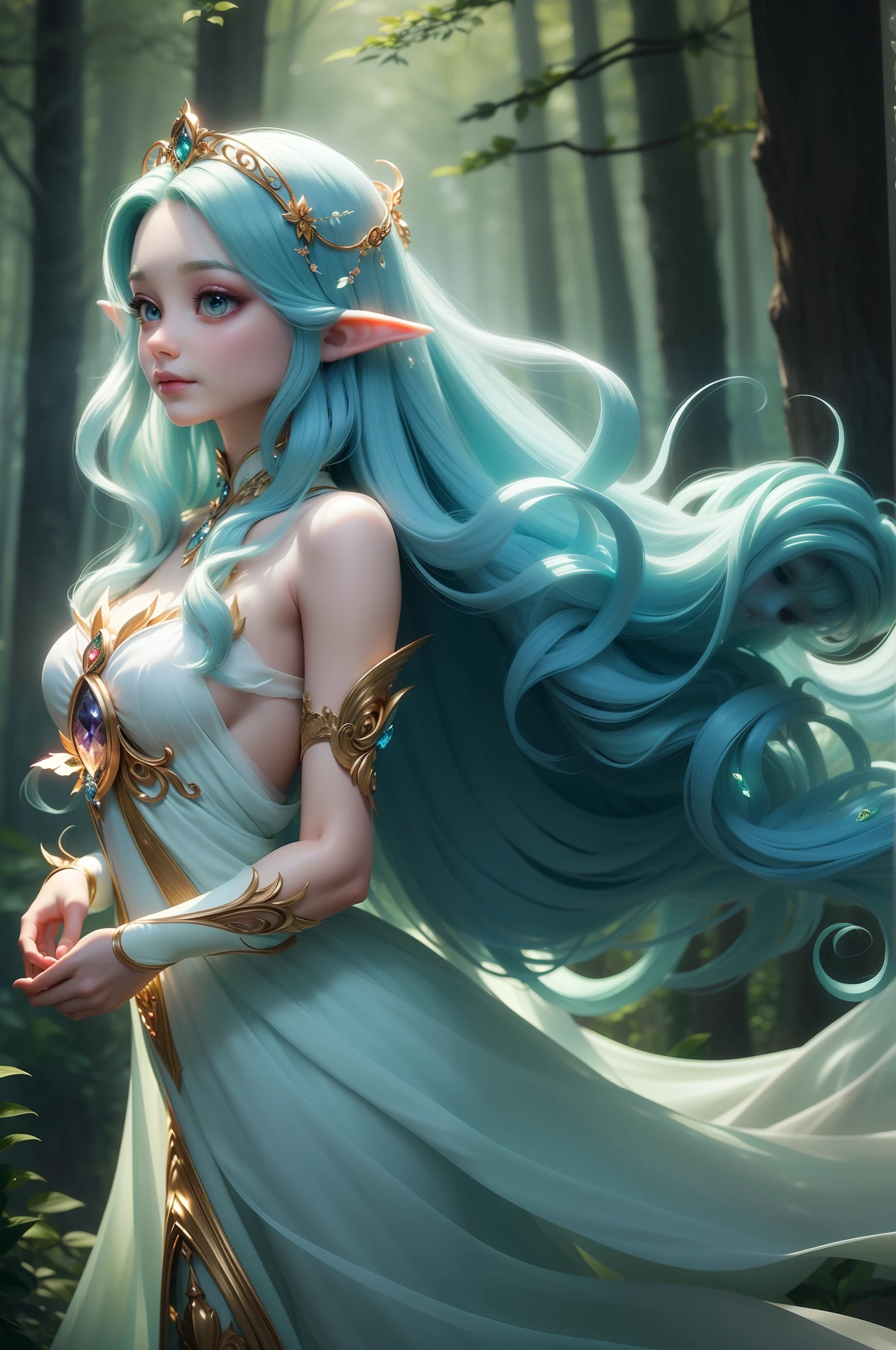 (master part), extremely high quality, ethereal and enchanting, beleza de elfo, elegante e gracioso, mystic forest, soft lighting, fluttering dress, magia cintilante, atmosfera de sonho, magical creatures, delicate features