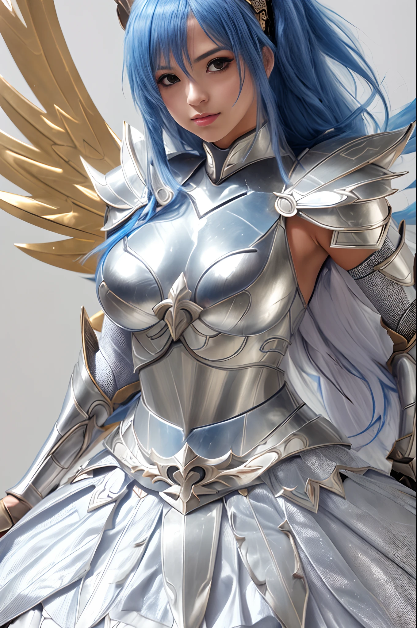 Chica de anime con cabello rojo y alas en un vestido azul, Chica armadura, angel knight girl, hermosa armadura, Armadura de bikini caballero femenino, Impresionante armadura, Armadura gruesa, usar coraza brillante, pale blue armor, Erza Scarlet como persona real, Armadura brillante, Armadura detallada, Armadura de plata, Armadura brillante, Vestido con armadura ligera, Wearing fantasy armor, enormes pechos