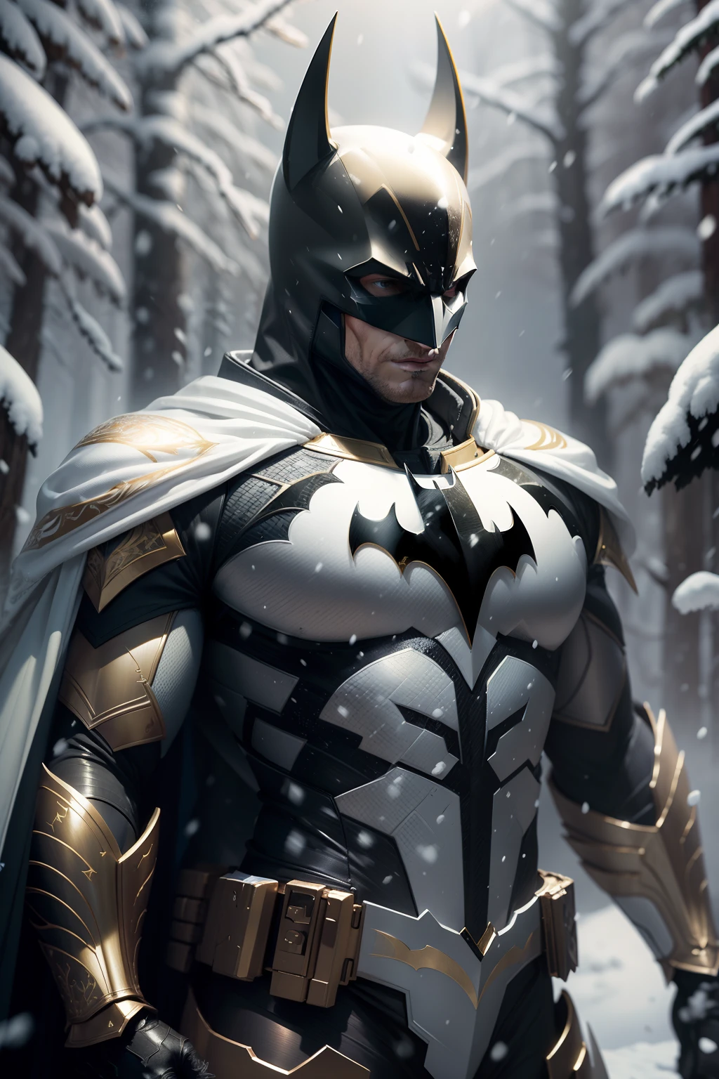 Batman full body on a white, gold and red armor suit, on a white snow forest, snow falling over the armor, the sin shines over the armor suit, hyper realistic, photorealistic, intricate fabric details, needlepoint vining elements, photo realism, 24k resolution, hyper detail art style on Leonardo Da Vinci an award winning photo