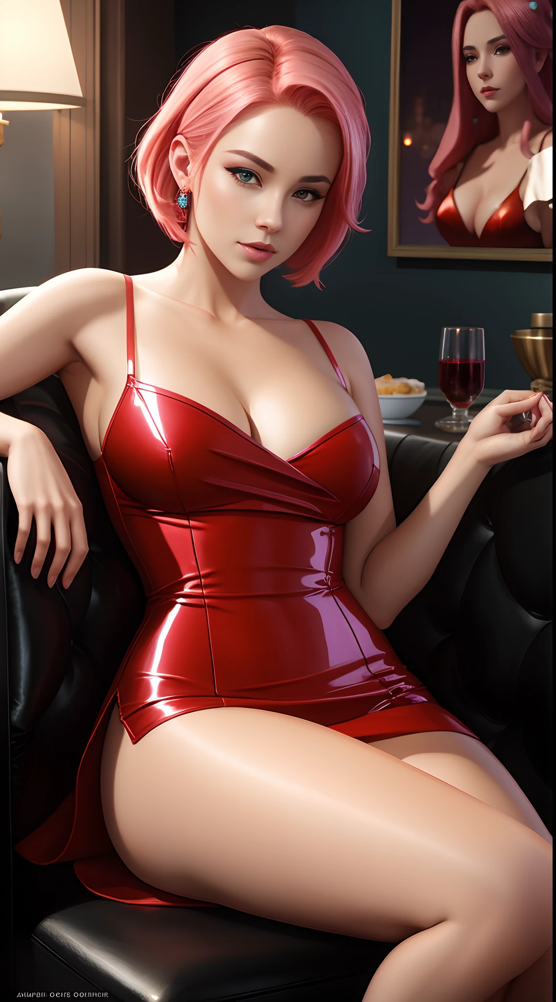 Beautiful woman, seductive, sexy eyes, red dress, forehead to show, queen, pink hair, delicate, young, short hair, full body, from League of Legends, trend in artstation, by rhads, andreas rocha, rossdraws, makoto shinkai, laurie greasley, lois van baarle, ilya kuvshinov and greg rutkowski, highly detailed, high res, 8k, hyper realistic