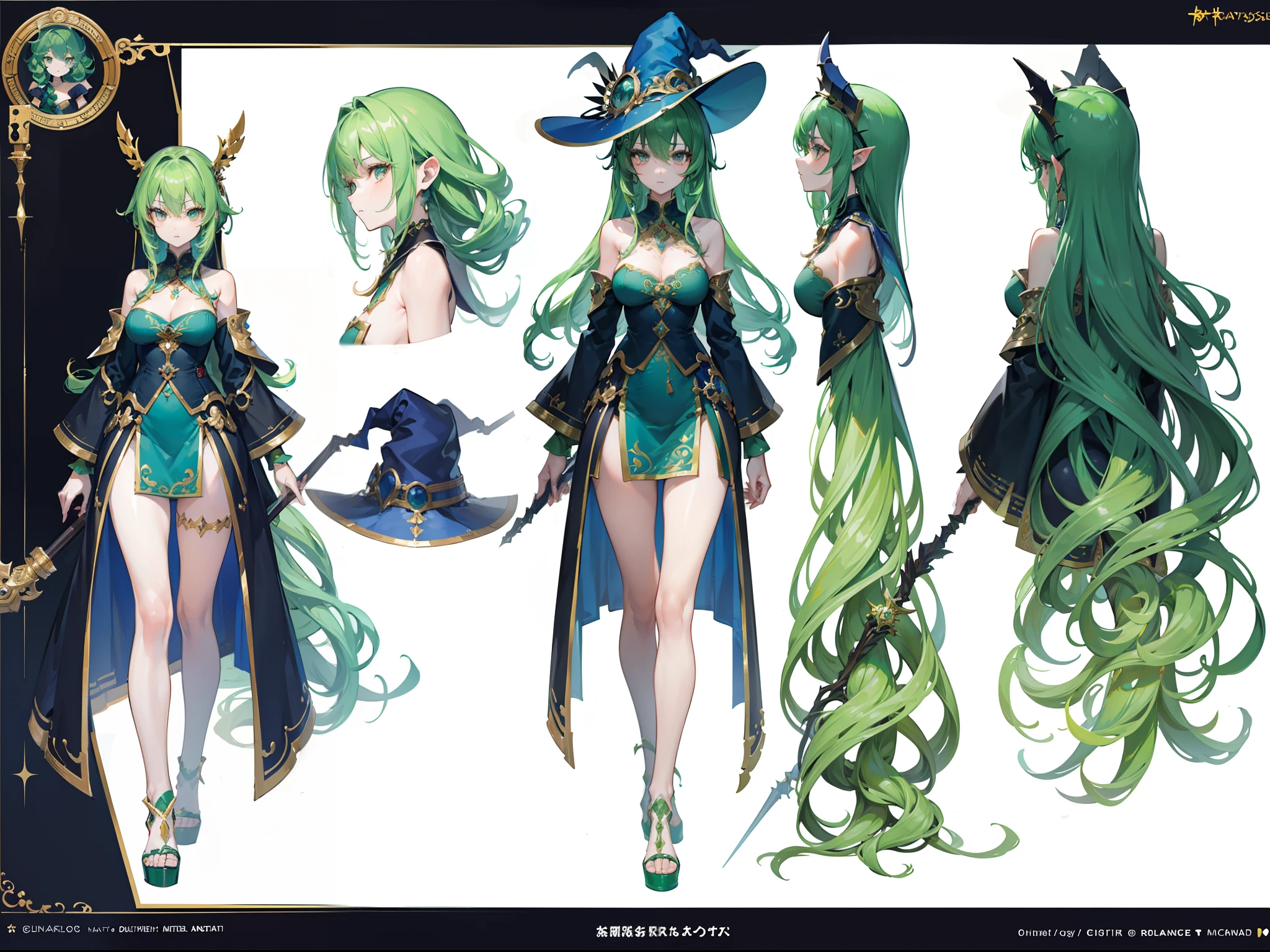 ((Masterpiece, Highest quality)), Detailed face, CharacterDesignSheet， full bodyesbian, Full of details, Multiple poses and expressions, Highly detailed, Depth, Many parts，Beautiful girl with green hair，Wearing a wizard hat，curlies，Extremely long hair，short stature，emaciated，Bare legged，Take the staff