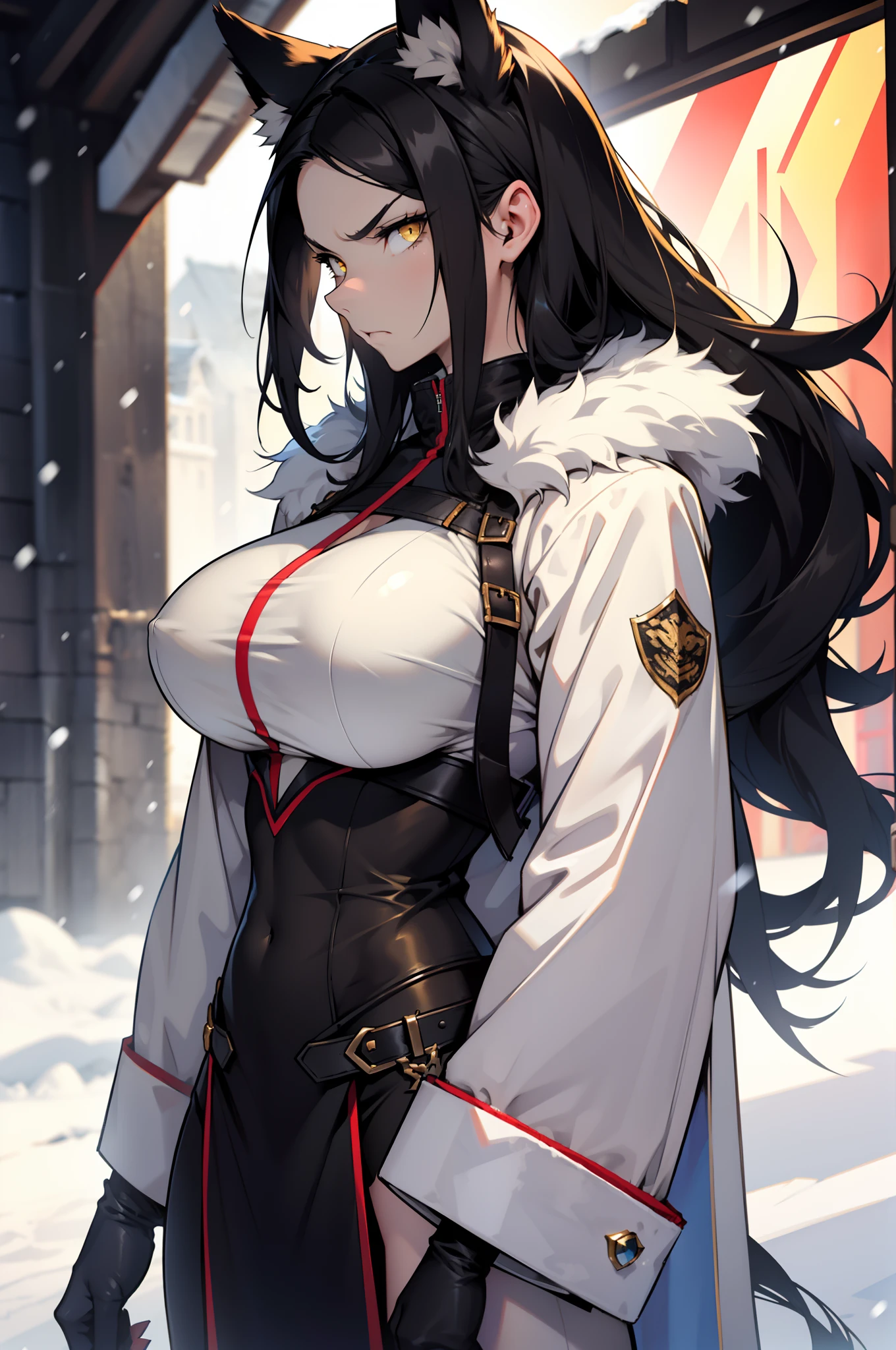 (Masterpiece, best quality), (highres, ultra-detailed), (absurdres, perfect anatomy), outdoors, snow, mountain, 1girl, solo, Caera, CCla, cowboy shot, standing, looking at viewer, single pauldron, underbust, collar, halterneck, white shirt, collared shirt, long sleeves, puffy sleeves,  harness, gloves, belt, black pants, strap, toned