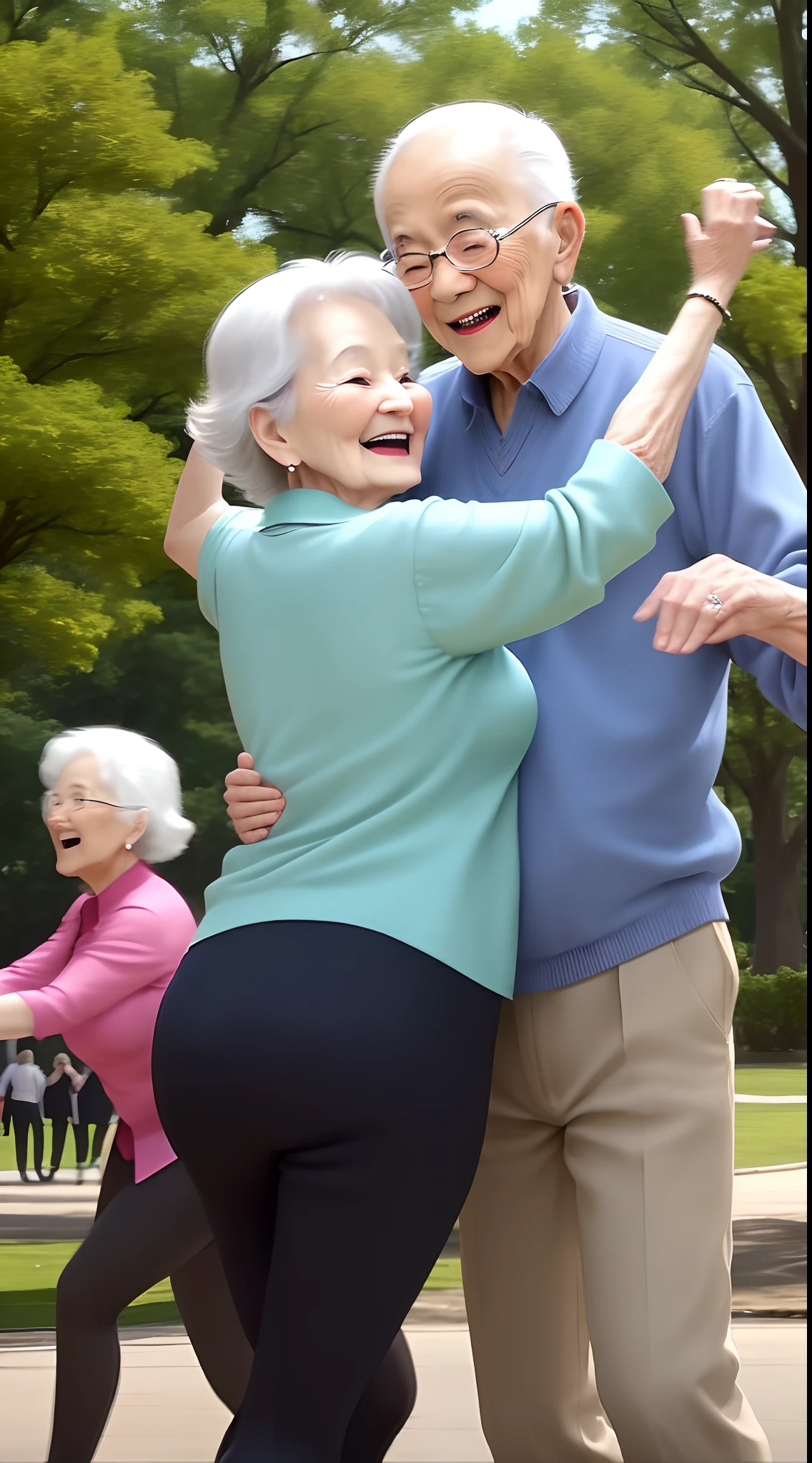 A group of seniors practicing dancing in a park celebrating life