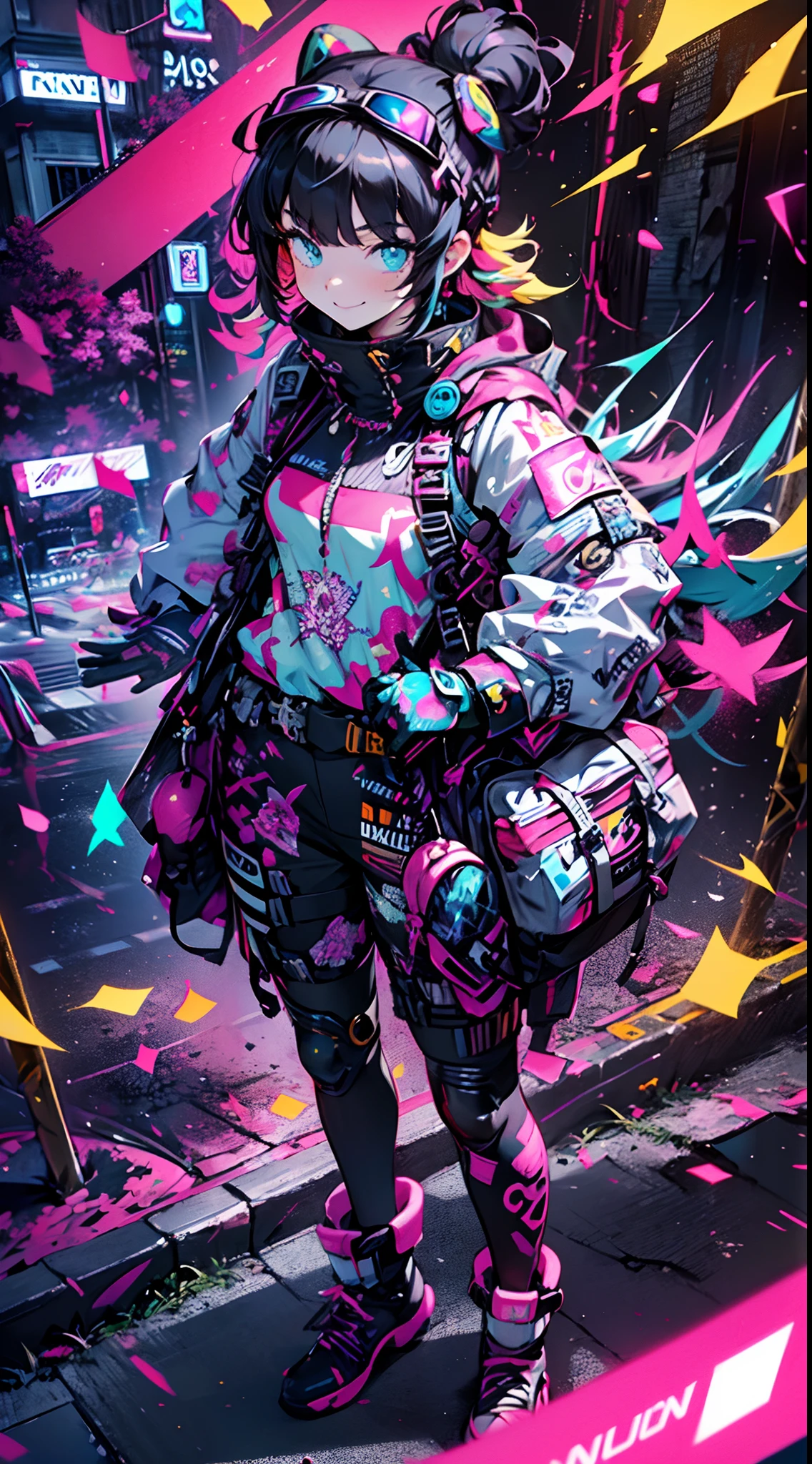 (cyberpunked),Optical camouflage、VR Goggles、Neon light、City of the Future、Jumpsuit、(1girl in, Solo:1.6),(Cute smile),(Clothes are simple), (Best Impact:1.5), (maximalism:1.7), Vivid contrast, (Realistic), hyperrealistic illustrations, hight resolution, ultra-detailliert, absurderes,(Fractal Art:1.3)、Random hairstyle、Random hair color colorful、FULL BODYSHOT、Retro、Precise focus、randome pose、cinema4d、Drama