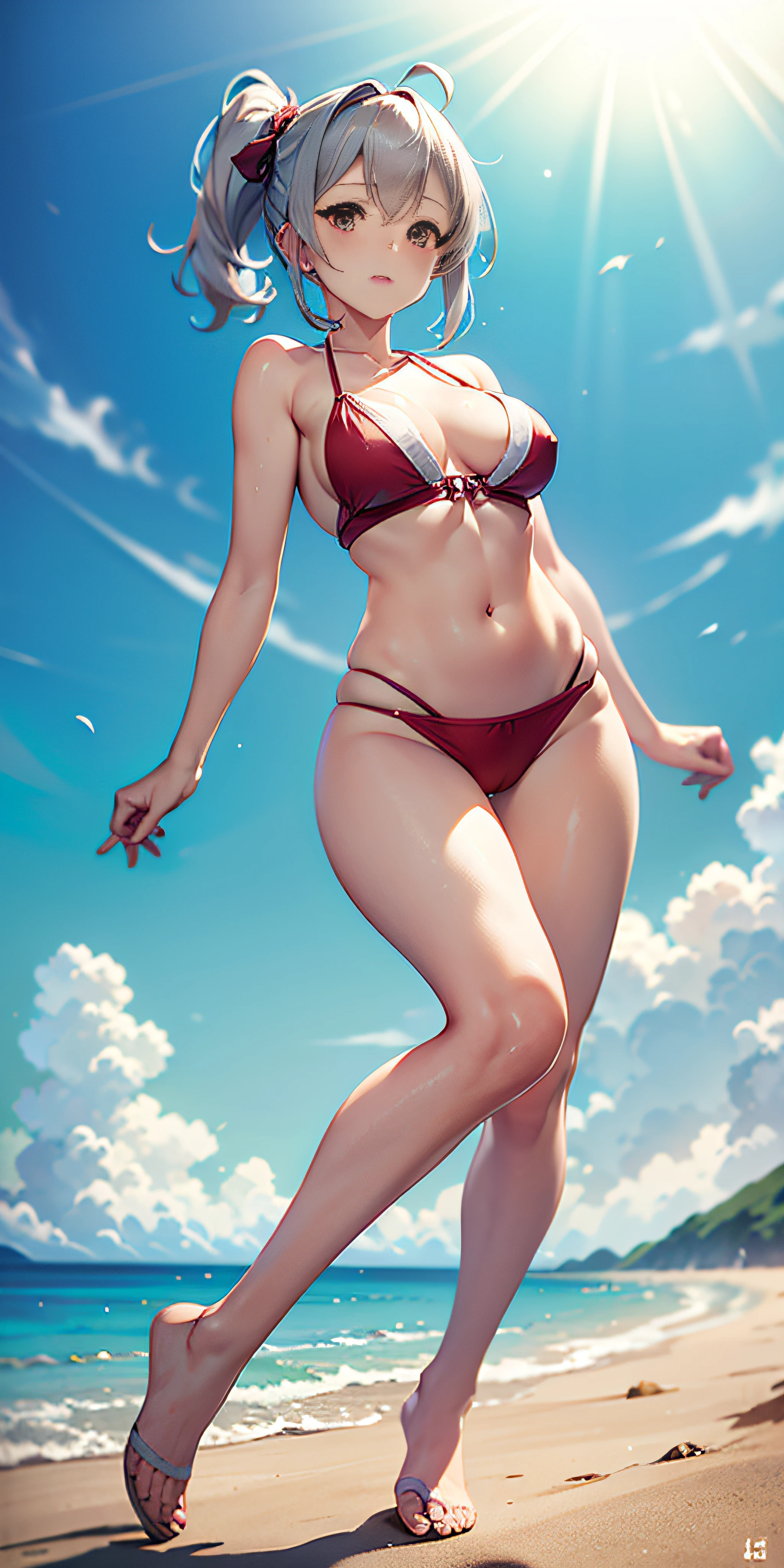 Full body view, anime 2D, 2D, Anime estilo Milky, Almost symmetrical face, personaje: heroine, Beautiful celestial thin woman with perfect body looks 16 years old, medium size silver hair with green tips, , micro tube top verde translucido, micro falda extremadamente corta mega ajustada (destrozada por combate), pisando una tela roja en zona urbana. Hay un muy fuerte viento ascendente, ultra detallado, intrincado, 8k , dynamic sexy pose