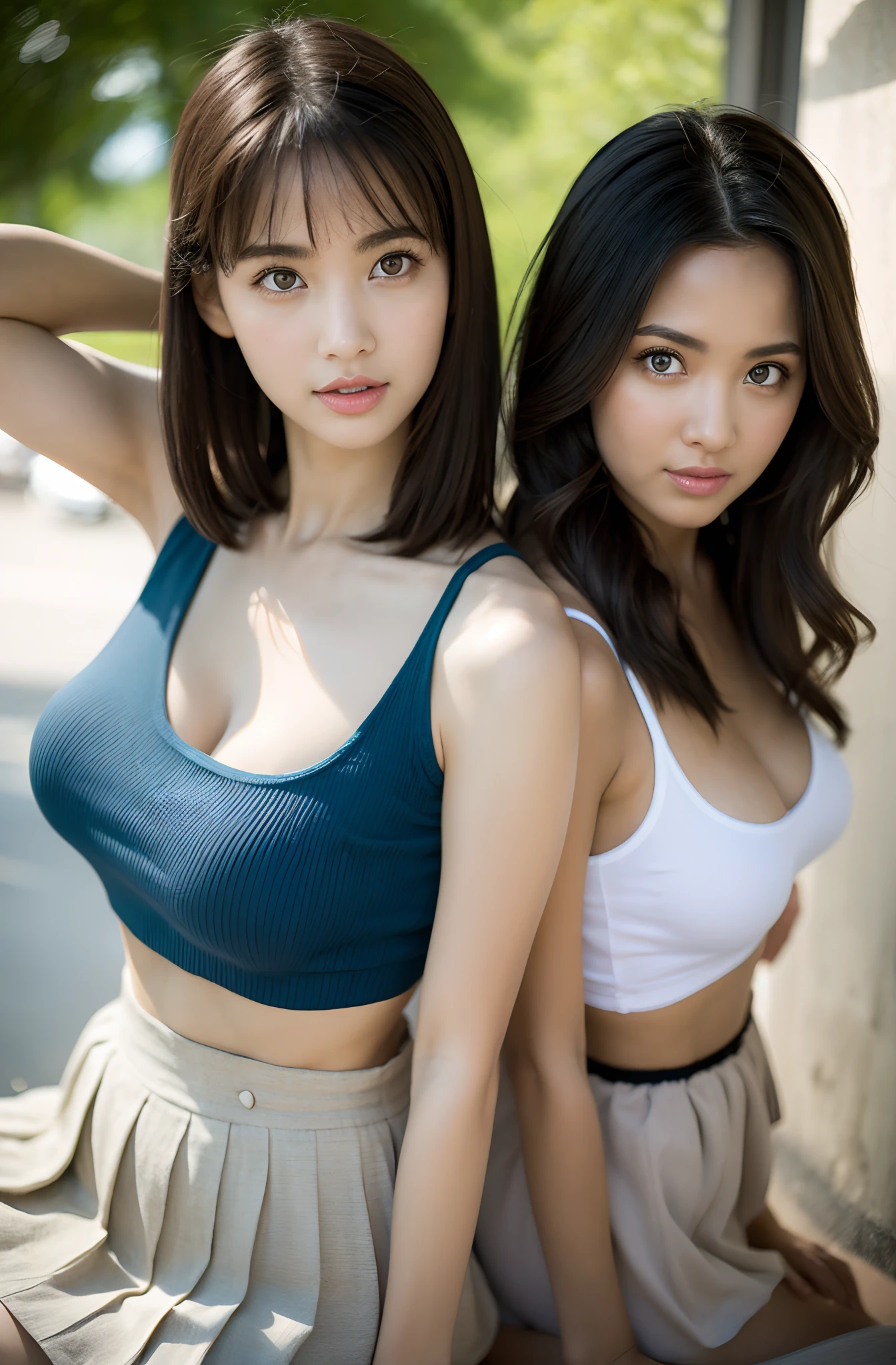 Realistic,Photorealistic,RAW photogr,2 women having fun, Super big eyes,  Wear a tank top and pleated miniskirt, Hot summer days