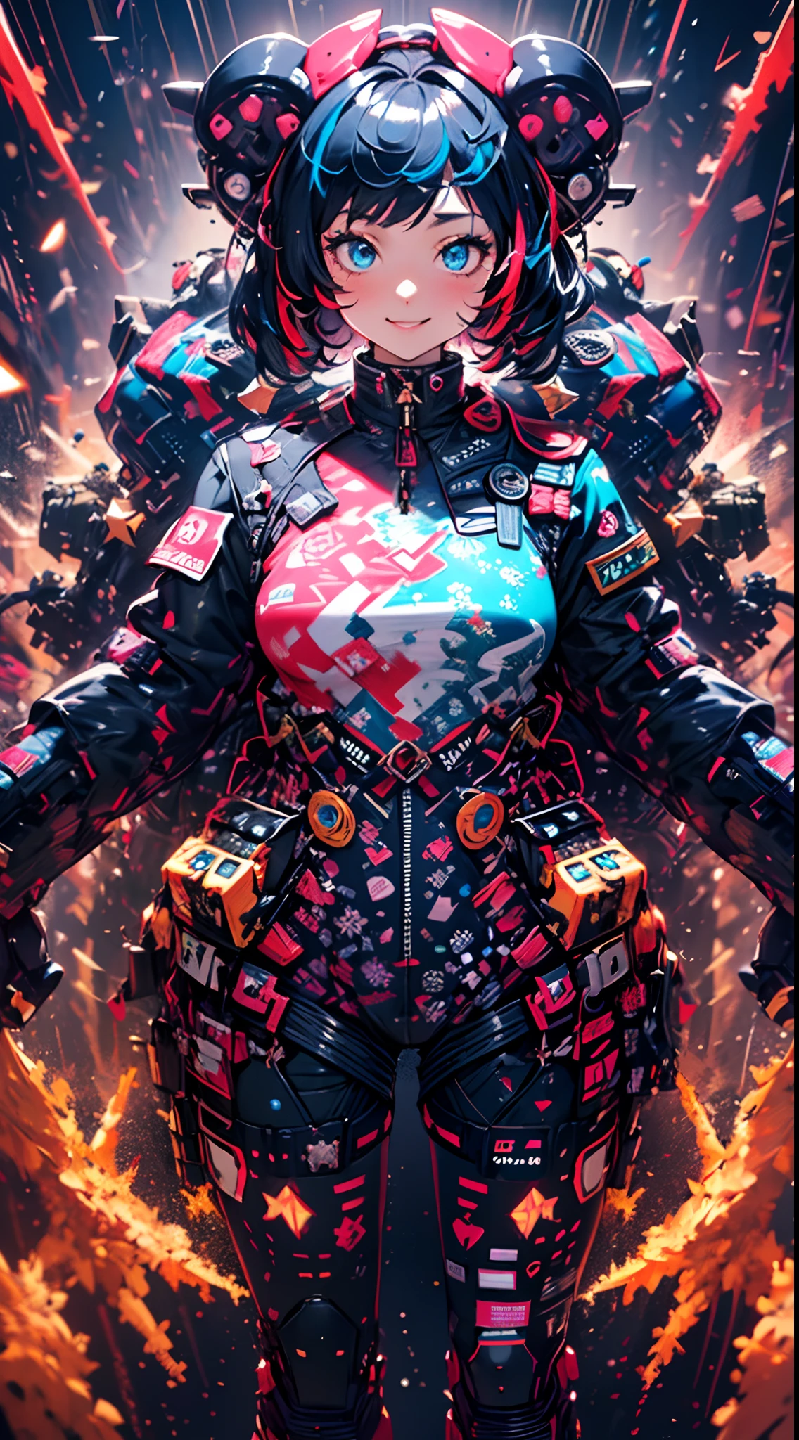 (cyberpunked),Optical camouflage、VR Goggles、Neon light、City of the Future、Jumpsuit、(1girl in, Solo:1.6),(Cute smile),(Clothes are simple), (Best Impact:1.5), (maximalism:1.7), Vivid contrast, (Realistic), hyperrealistic illustrations, hight resolution, ultra-detailliert, absurderes,(Fractal Art:1.3)、Random hairstyle、Random hair color colorful、FULL BODYSHOT、Retro、Precise focus、randome pose、cinema4d、Drama