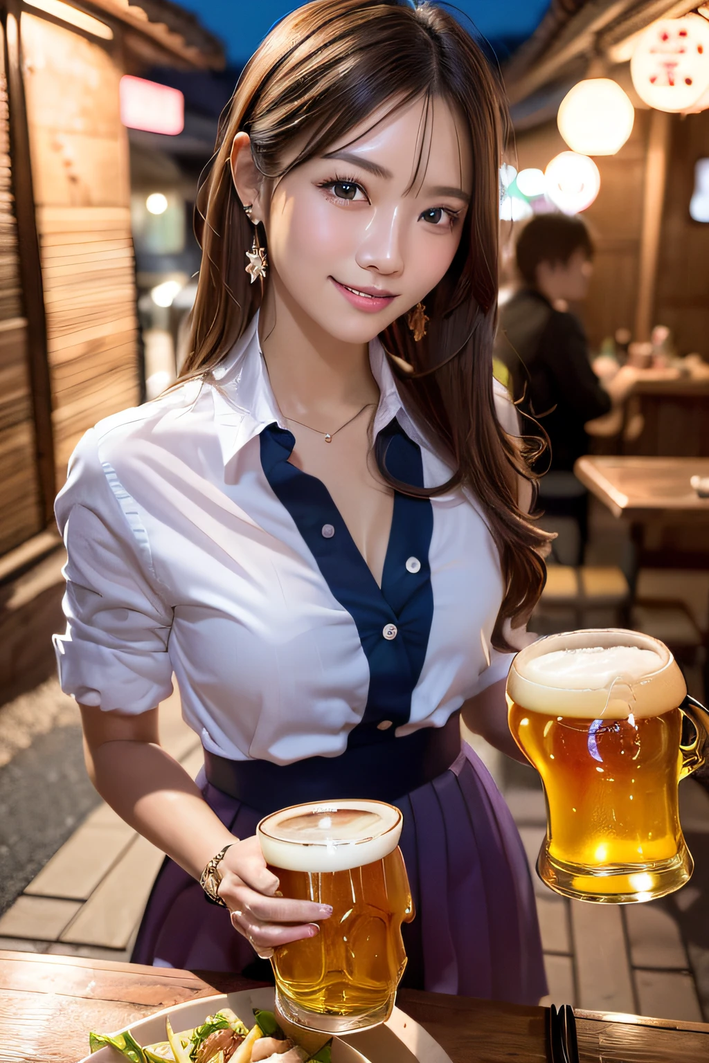 (8K, RAW Photos, 最high quality, masterpiece: 1.2), (Realistic, photoRealistic: 1.37), 1 Waitress uniformを着た女性 standing on the sidewalk, , Professional Lighting, Photon Mapping, , Brazilian women, Torn, Sommelière、, Waitress uniform、,At a fine dining restaurant,Super popular waitress、 Larger breasts、Incredibly beautiful face、masterpiece, 最high quality, high quality, High resolution, big , (Face close-up),working at a restaurant、Carry dishes、Hair is tied、Updo、