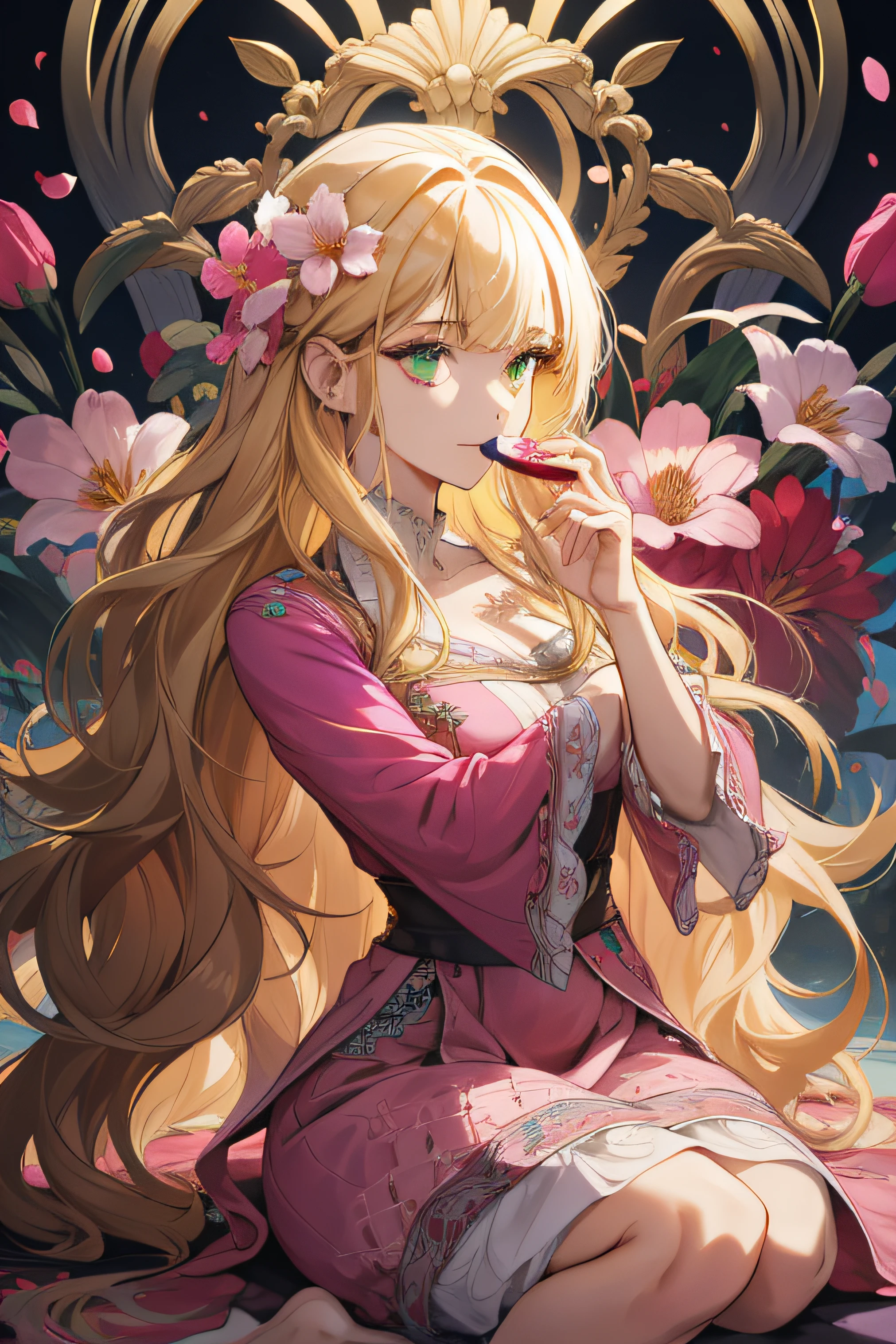 (absurdres, highres, ultra detailed), 1girl, mature female, wavy blonde hair, long hair, blunt bangs, green eyes, pink dress, finely detailed eyes and detailed face, extremely detailed CG unity 8k wallpaper, intricate details, BREAK , kaleidoscopic imagery, symmetrical patterns, vibrant colors, geometric shapes, mesmerizing designs, optical illusions, dynamic composition BREAK , pantomime art, expressive body language, silent storytelling, evocative gestures, visual narratives, theatrical performances BREAK , blooming flowers, colorful petals, fragrant scents, nature's bounty, vibrant gardens, peaceful scenery