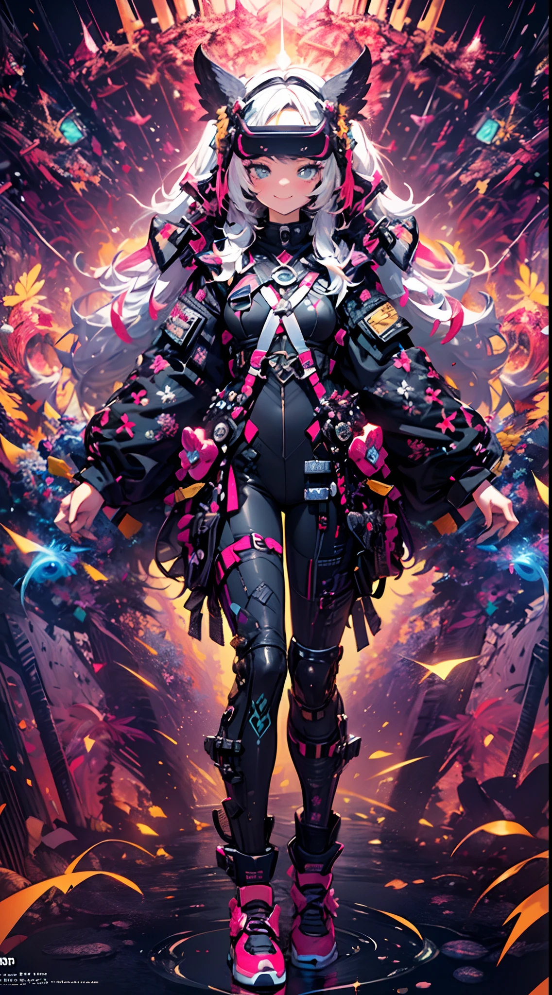 (cyberpunked),Optical camouflage、VR Goggles、Neon light、City of the Future、Jumpsuit、(1girl in, Solo:1.6),(Cute smile),(Clothes are simple), (Best Impact:1.5), (maximalism:1.7), Vivid contrast, (Realistic), hyperrealistic illustrations, hight resolution, ultra-detailliert, absurderes,(Fractal Art:1.3)、Random hairstyle、Random hair color colorful、FULL BODYSHOT、Retro、Precise focus、randome pose、cinema4d、Drama