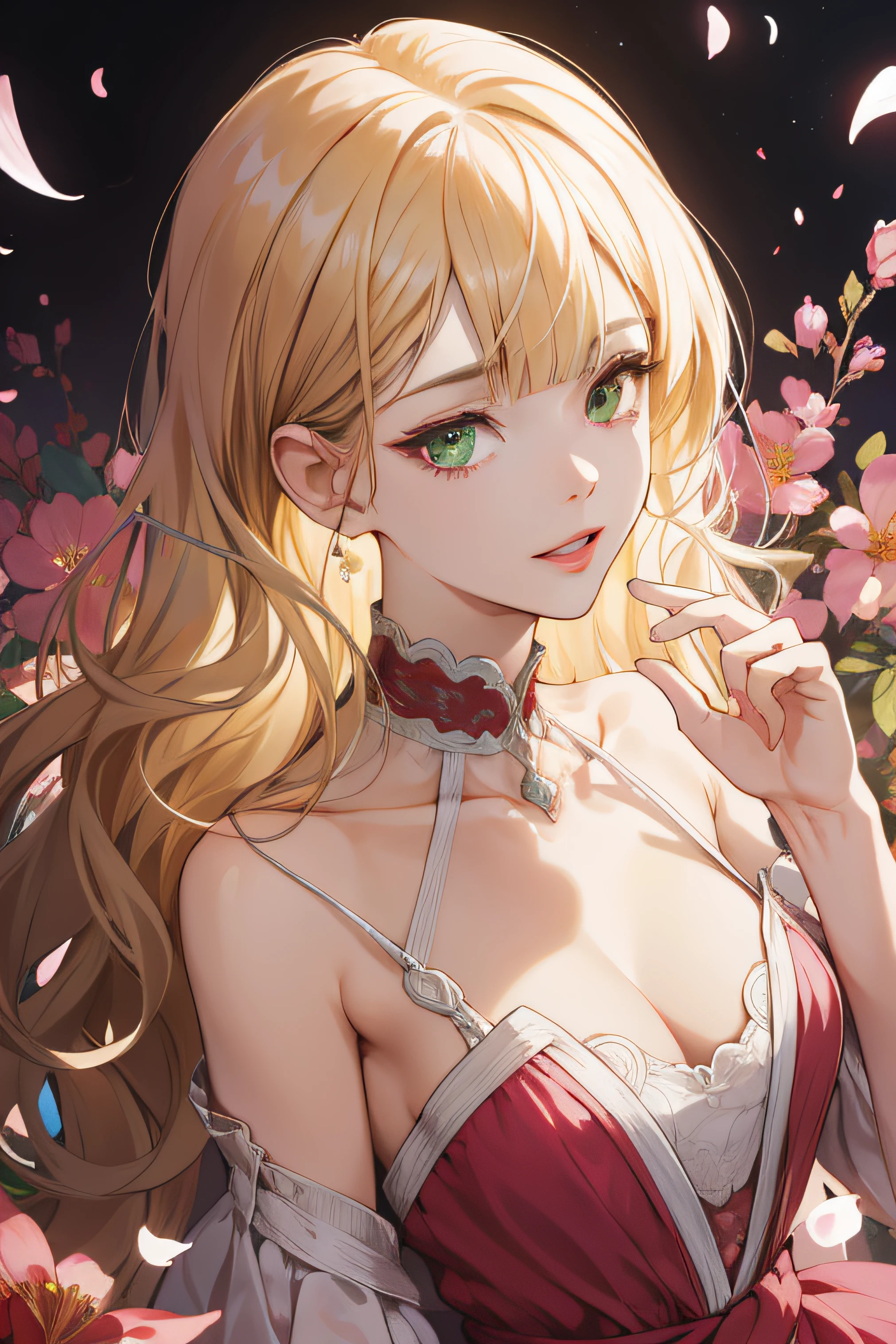 (absurdres, highres, ultra detailed), 1girl, mature female, wavy blonde hair, long hair, blunt bangs, green eyes, pink dress, finely detailed eyes and detailed face, extremely detailed CG unity 8k wallpaper, intricate details, BREAK , kaleidoscopic imagery, symmetrical patterns, vibrant colors, geometric shapes, mesmerizing designs, optical illusions, dynamic composition BREAK , pantomime art, expressive body language, silent storytelling, evocative gestures, visual narratives, theatrical performances BREAK , blooming flowers, colorful petals, fragrant scents, nature's bounty, vibrant gardens, peaceful scenery