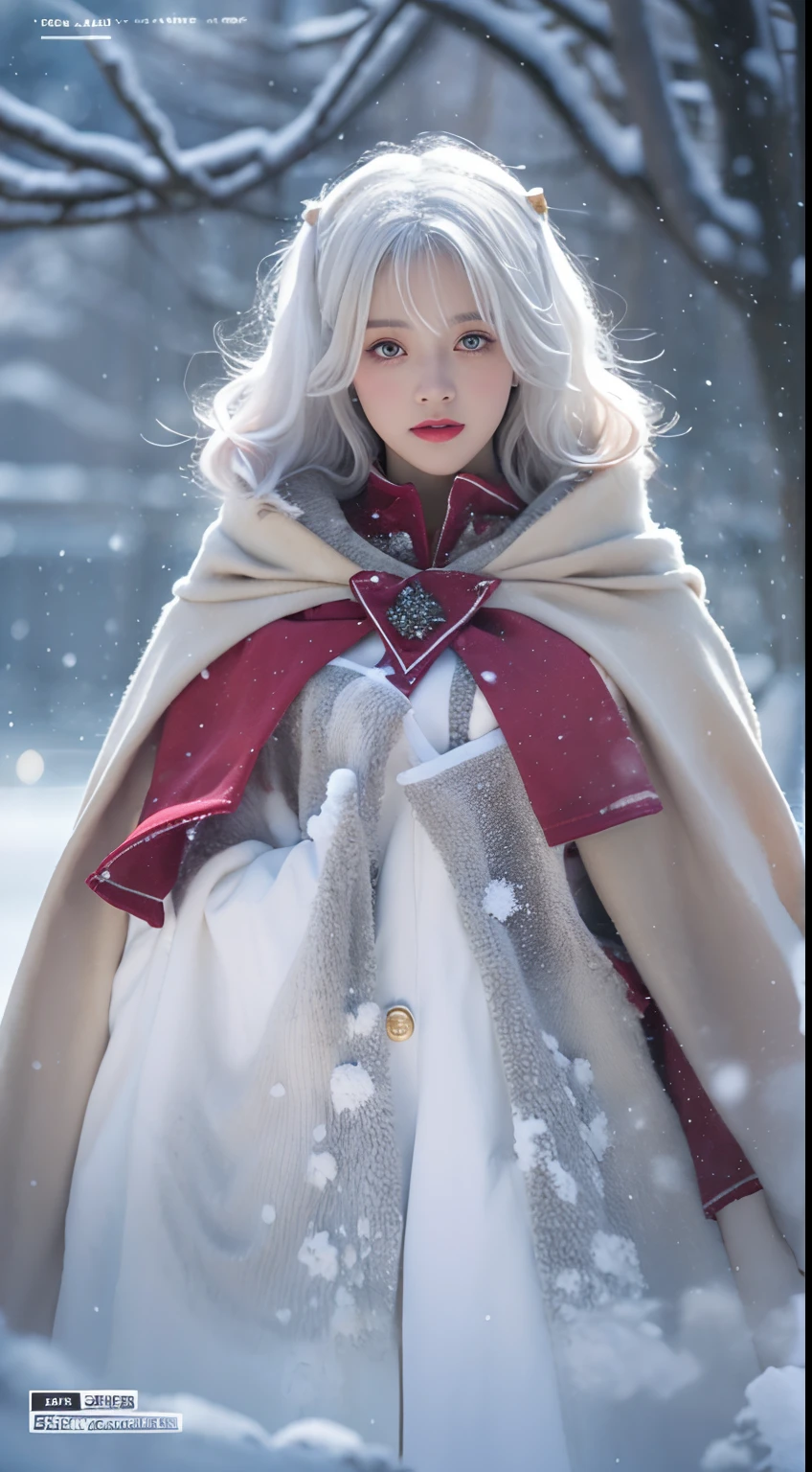 Photorealistic, high resolution, 1 Women, Solo, (ta costume),Gorgeous costumes,Face the audience,The upper part of the body,upper legs, beautidful eyes, White hair, ringed eyes, (outside,Heavy snowfall,Cloak,Cover with snow),snowfield