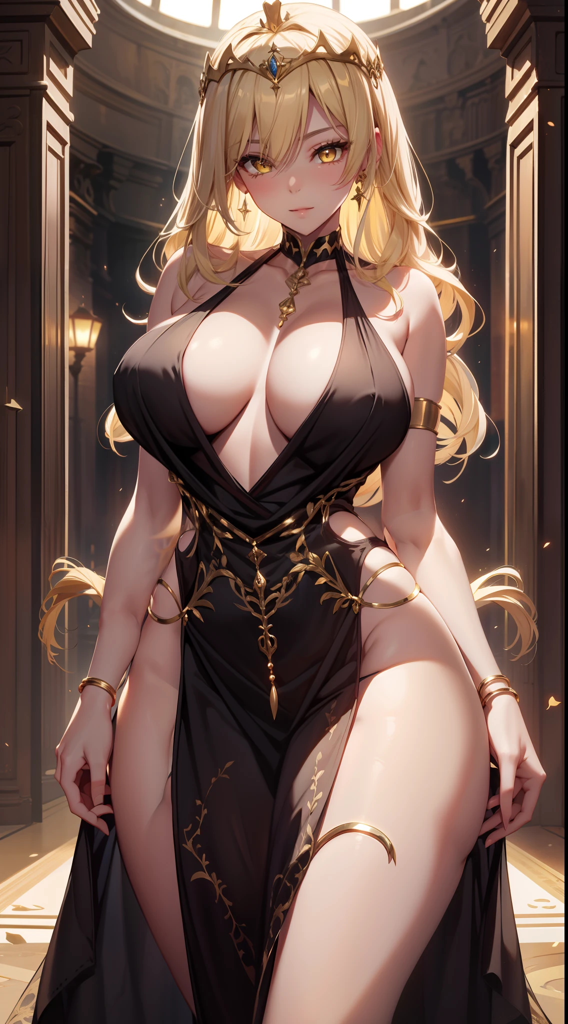 beautiful, marika, queen marika, black dress, plunging neckline, blonde hair, yellow eyes, breast curtains, pelvic curtain, sexy, sensual.