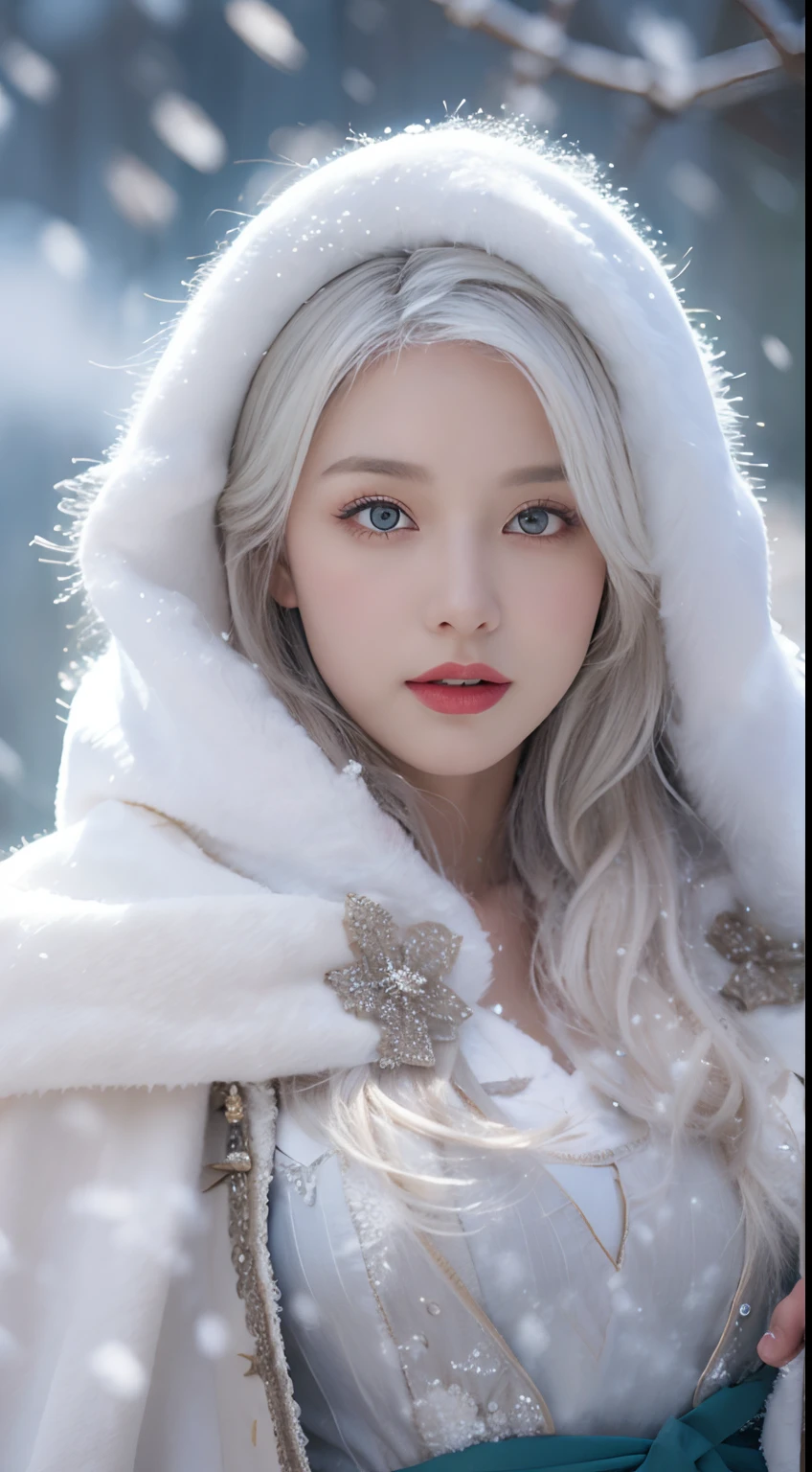 Photorealistic, high resolution, 1 Women, Solo, (Lolita costume),Gorgeous costumes,Face the audience,The upper part of the body,upper legs, beautidful eyes, White hair, ringed eyes, (outside,Heavy snowfall,Cloak,Cover with snow),snowfield