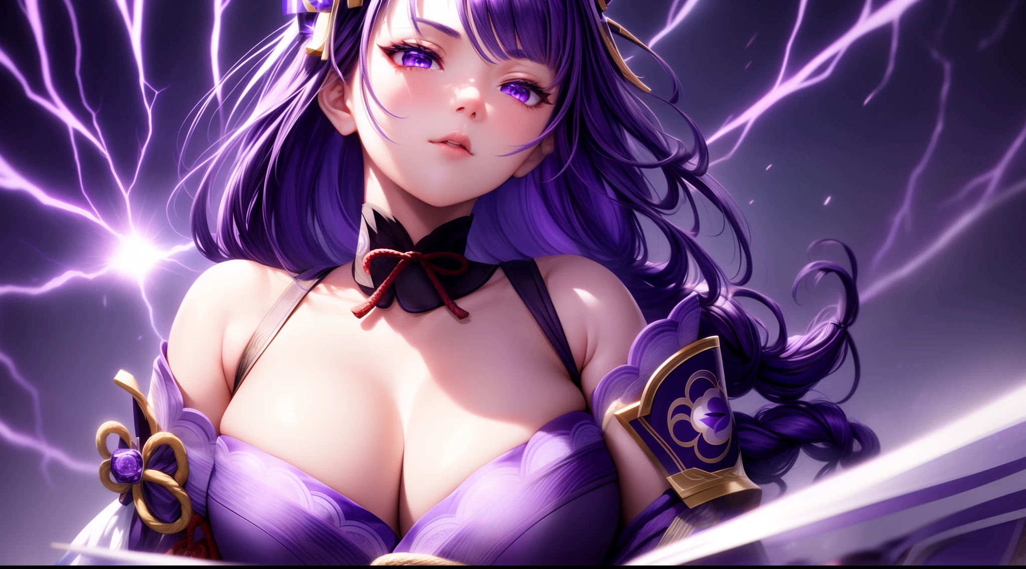 focused upper body, 1 girl, raiden shogun, purple outfit, sparkling purple eyes, purple short hair, thundercloud background, nice perfect face with soft skin, intricate detail, 8k resolution, masterpiece, 8k resolution photorealistic masterpiece, professional photography, natural lighting