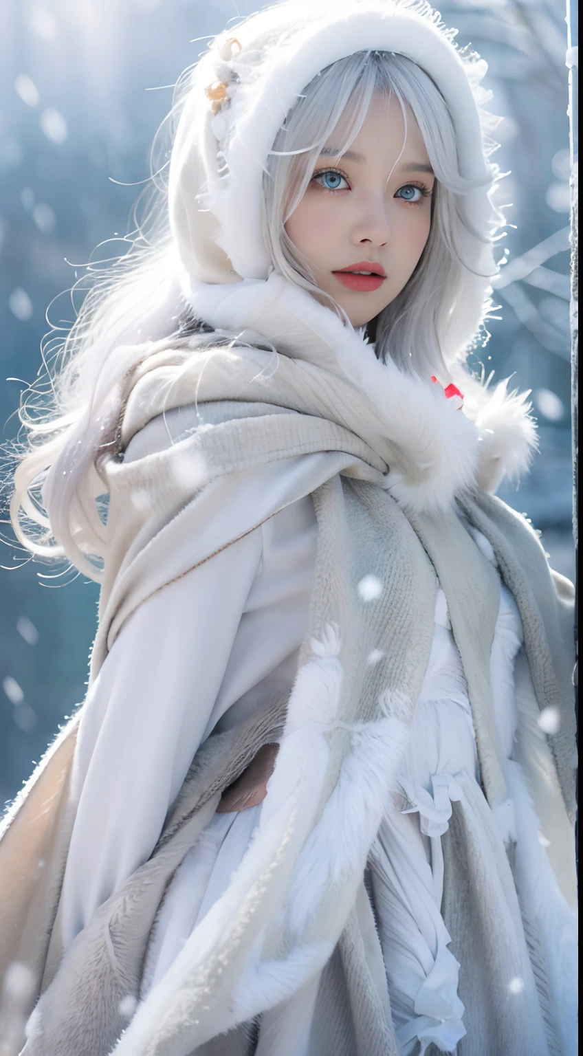 Photorealistic, high resolution, 1 Women, Solo, Hips up,(Lolita costume), Beautiful eyes, White hair, ringed eyes, (Sit,Cloak,),snowfield,