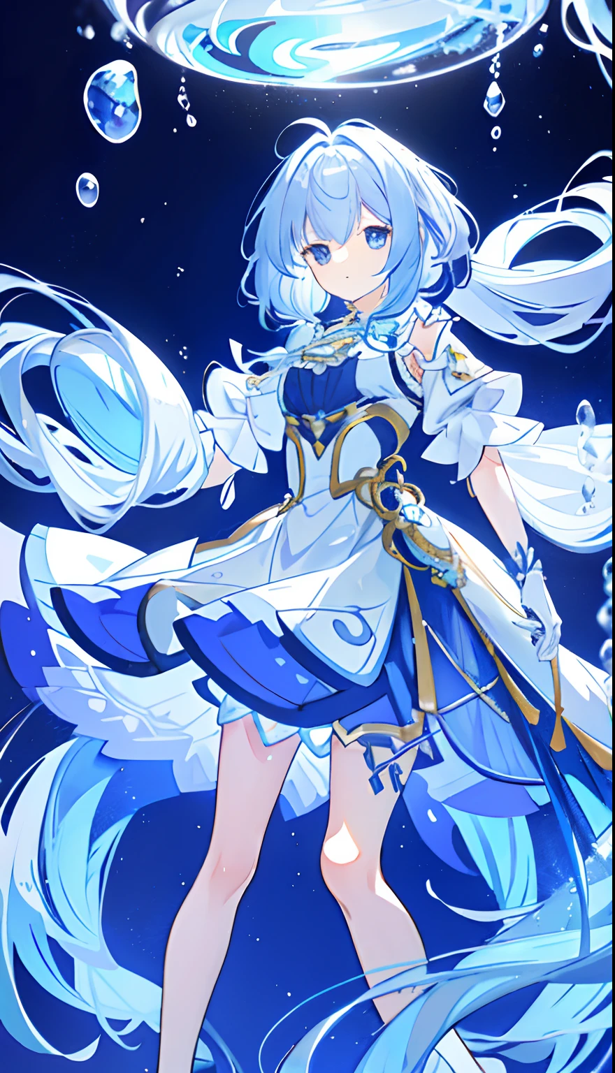 A girl, , with silver hair, two fried dough twist braids, long hair, ice blue short sleeve clothing, bubble sleeves, ruffles, ice blue dream background, anime, cute, high quality,,,,floating hair,finely detail,refined rendering,very_long_hair,best illumination