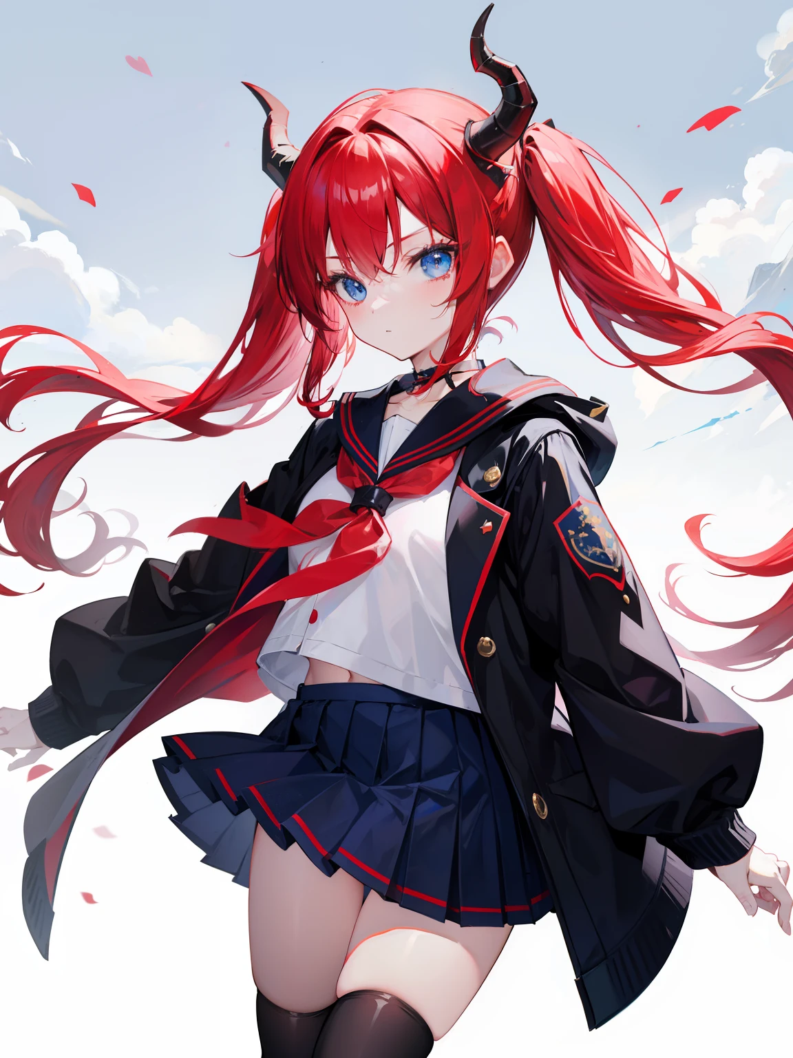 red hair, blue eyes, twintails, Sailor suit,black coat, Dragon horns,Pleated skirt,solo,li,cute,bow