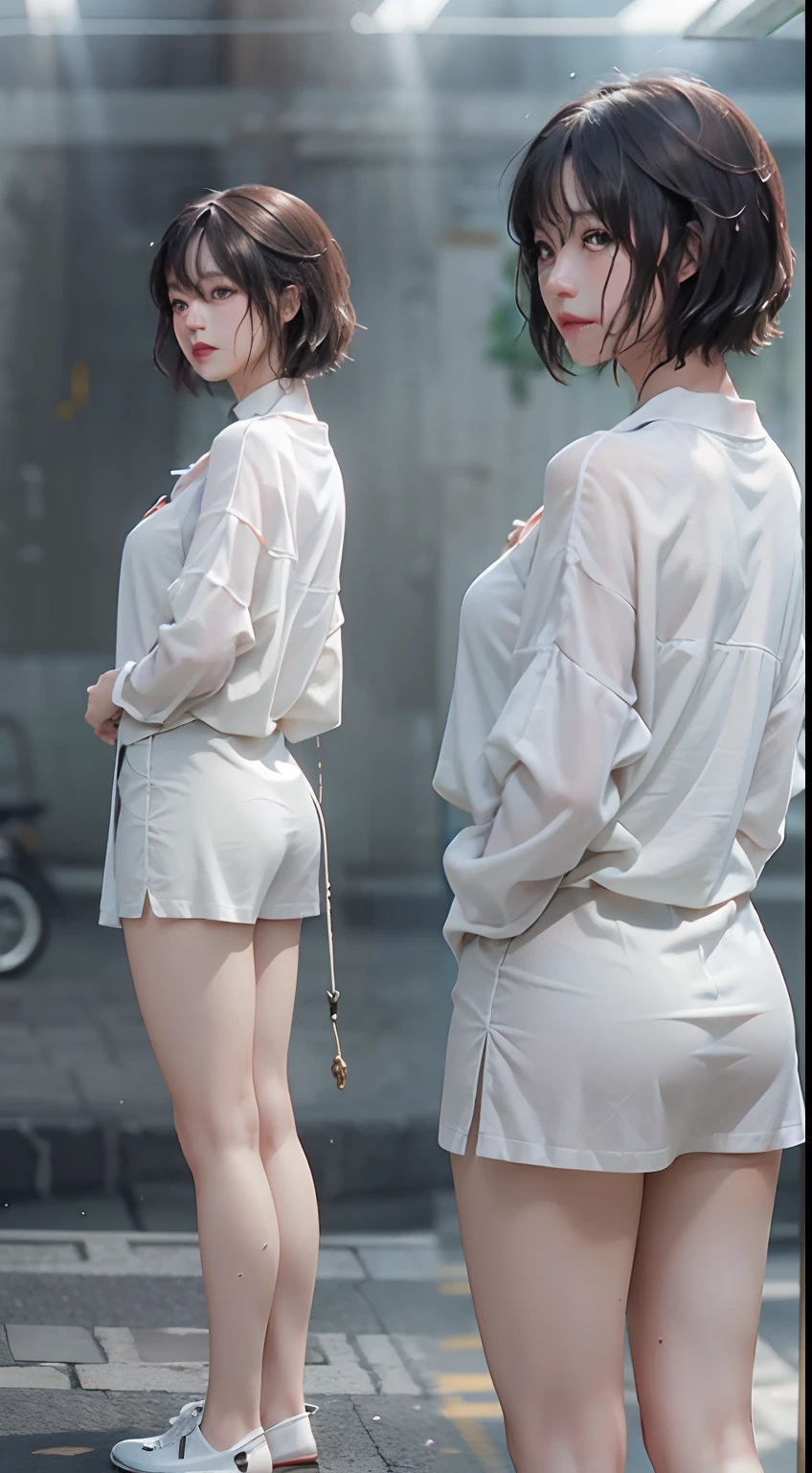 Highest image quality、Masterpiece level、Ultra-high sharpness、Fidelity 1.4，photoshoot，A girl appears[（grieves）]， a asian beauty， Korea， Super beautiful， Beautiful skins， Slim， body facing the front， （Ultra photo realsisim）， （A high resolution）， （8K），, ssmile,short detailed hair，Black shawl straight hair，46 points oblique bangs，High-definition detail、Hyper-detailing、cinematic ligh、ultra-realistic realism、Soft light、Deep field focus bokeh、with short black hair，White skin，famousartwork，s the perfect face，beauitful face，beautidful eyes，（（Perfect female body）），In a white blouse shirt，The shirt,pleatedskirt,In a white blouse shirt，The scene is dim、darkly，Present despair、pitying、Feeling of pity，Squat on the ground。Like a movie，With tears，There are tears on the face。There are tears on the clothes（Weight 1.5），drenched clothes（Weight 1.4）and bare shoulders。It's really raining，The hair is soaked。