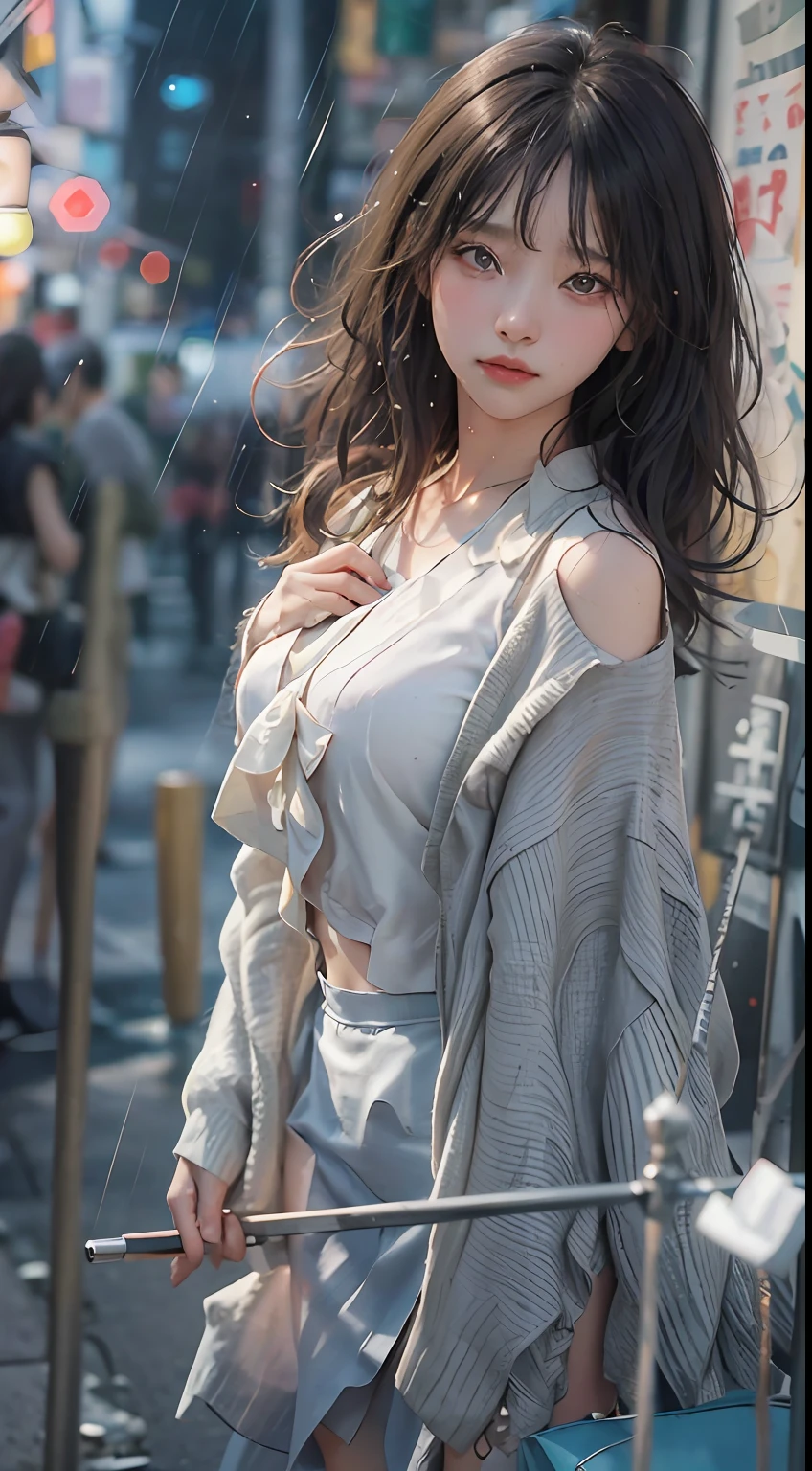 Highest image quality、Masterpiece level、Ultra-high sharpness、Fidelity 1.4，photoshoot，A girl appears[（grieves）]， a asian beauty， Korea， Super beautiful， Beautiful skins， Slim， body facing the front， （Ultra photo realsisim）， （A high resolution）， （8K），, ssmile,short detailed hair，Black shawl straight hair，46 points oblique bangs，High-definition detail、Hyper-detailing、cinematic ligh、ultra-realistic realism、Soft light、Deep field focus bokeh、with short black hair，White skin，famousartwork，s the perfect face，beauitful face，beautidful eyes，（（Perfect female body）），In a white blouse shirt，The shirt,pleatedskirt,In a white blouse shirt，The scene is dim、darkly，Present despair、pitying、Feeling of pity，Squat on the ground。Like a movie，With tears，There are tears on the face。There are tears on the clothes（Weight 1.5），drenched clothes（Weight 1.4）and bare shoulders。It's really raining，The hair is soaked。