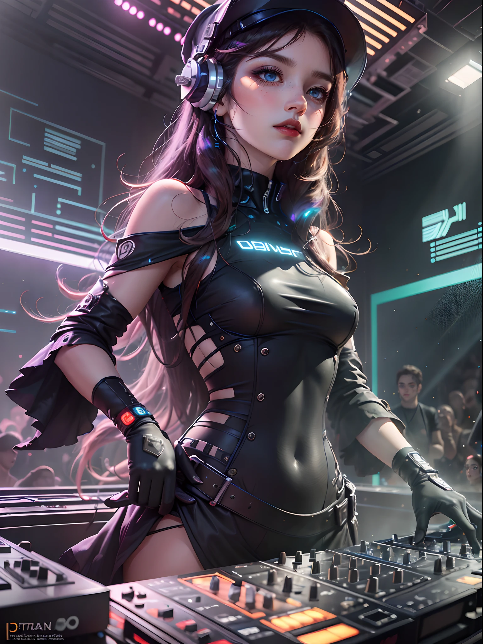 ((Best quality)), ((Masterpiece)), ((Realistic)), Kingly momentum，Trends on ArtStation, Clear focus，DJ on stage standing on elevated stage，They wear cool clothes,Sexy and hot，Wear a dazzling LED cap, The DJ's table is swept by colorful laser beams，Cut through the darkness of the entire space，It gives a futuristic feel，studio photo, Complicated details, The is very detailed, Detailed eyes, illustratio, The is very detailed, Clear focus, A digital rendering, professinal, 4K，Sharp focus，Close-up of people