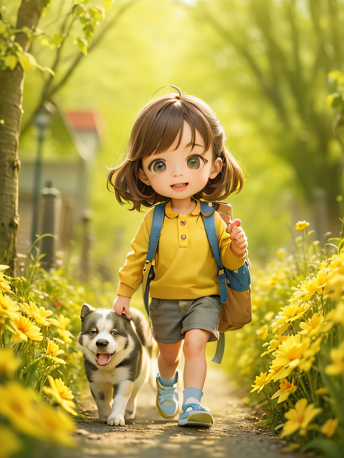 A very cute  girl，Carrying a backpack and her cute puppy，Enjoy a beautiful spring walk，Surrounded by beautiful yellow flowers and nature. The illustration is a high-definition illustration in 4K resolution，With very detailed facial features and cartoon-style visuals.