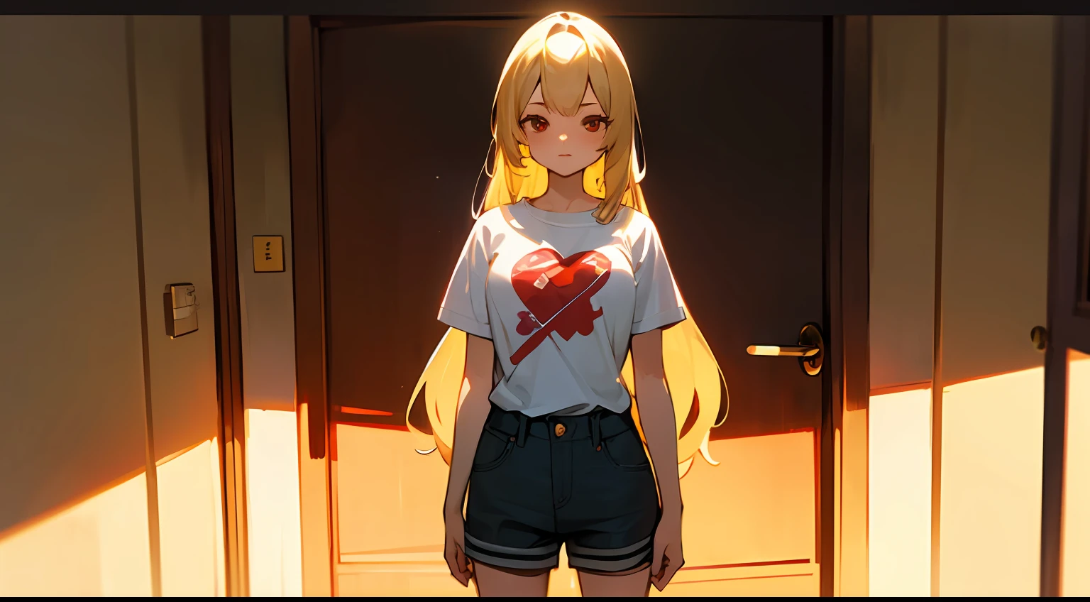 best quality, detailed, 8k, 4k, detailed beautiful girl, top-quality, hight resolution, blonde long hair, casual t-shirt and shorts, man's room, brown eyes, devil's daughter, single door, red eyes, standing posture,