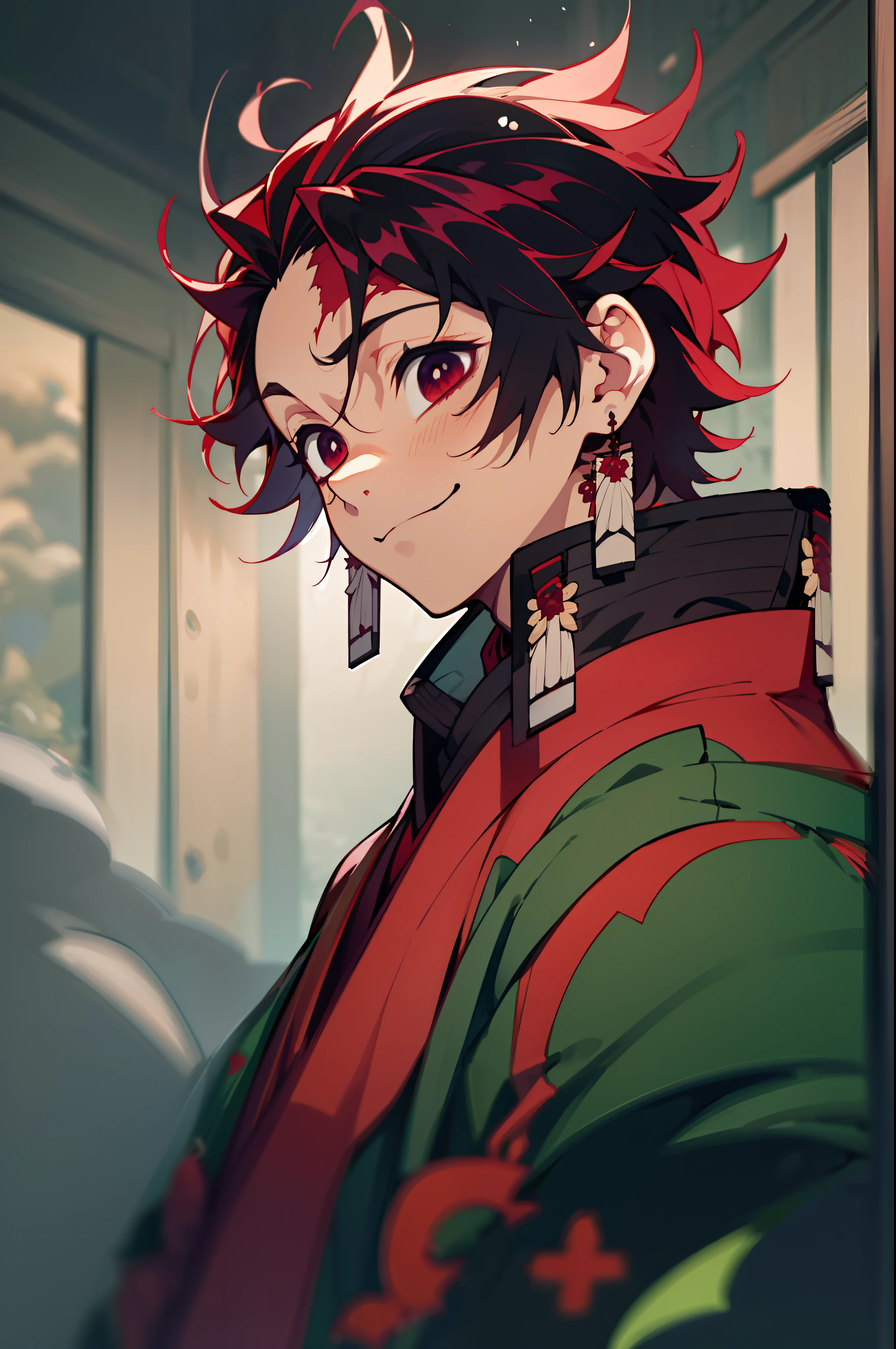 tmasterpiece, beste-Qualit, 独奏, 1boy, Vermilion hair, dark eyes, red kimono, portraite of a, bloods, ssmile, upper-body, Demon Slayer