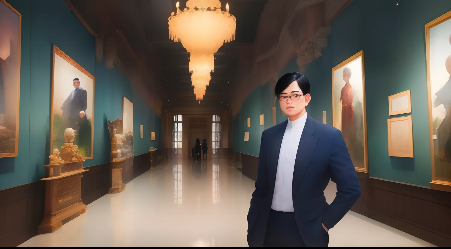 Middle Asian Man Standing in Museum、white hair、Black hair、、nasolabial folds、Wearing a dark blue suit、wears glasses、Mysterious atmosphere
