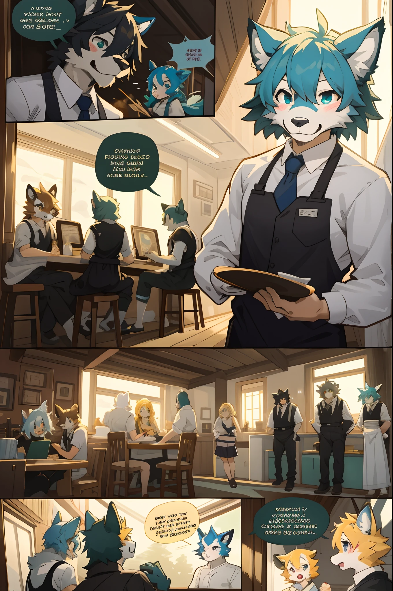 top quality, best quality, highres, masterpiece, super high resolution, detailed background, Casual reutaurant interior, part-time job, waiter, 6+boys, 6+girls, absurdres(highly detailed beautiful face and eyes)perfect anatomy, good lighting, cinematic shadow(kemono, furry anthro)assorted expressions, assorted poses, assorted angles, full body, upper shot, dynamic angle(girls comic-like panel layouts, speech balloon, English text, Hand-drawn sound effects stickers used in girls comic),