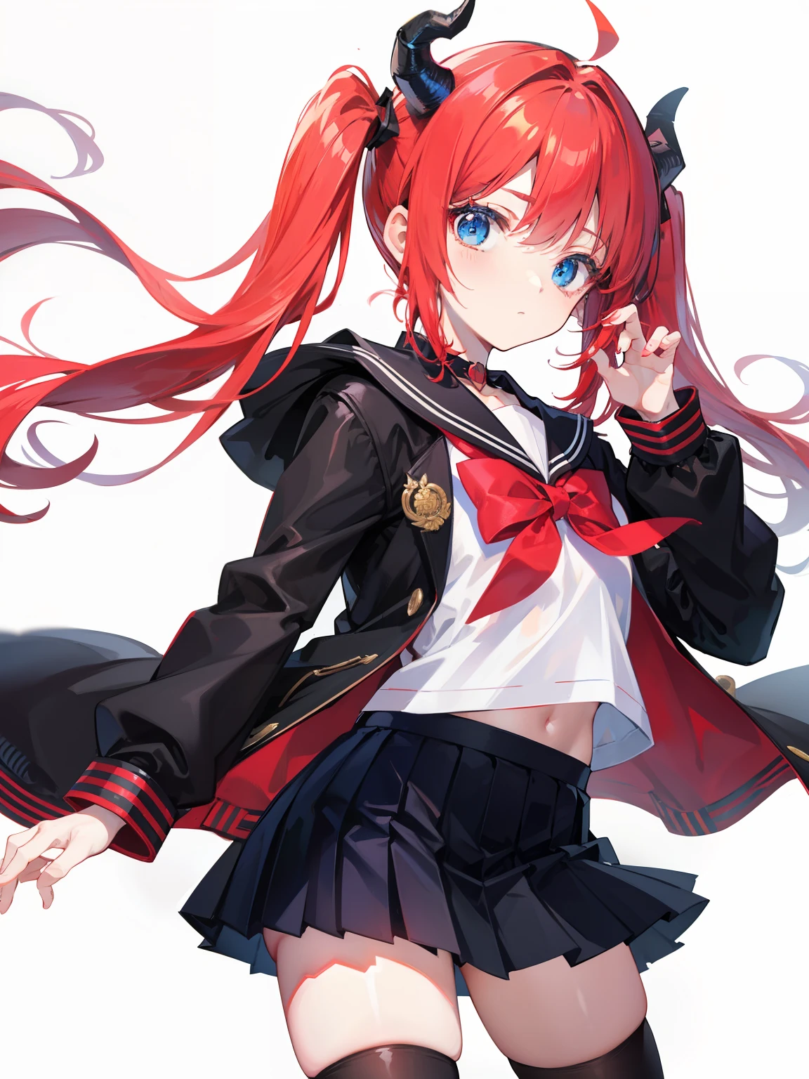 red hair, blue eyes, twintails, Sailor suit,black coat, Dragon horns,Pleated skirt,solo,li,cute,bow