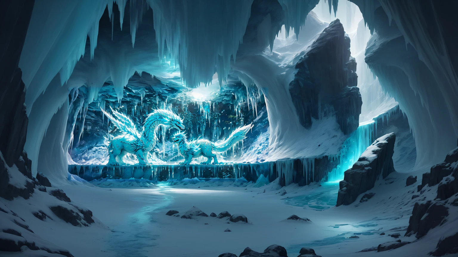 In front of the waterfall stand two white animals, Frost Dragon, Ice and fire, in an icy cavern, queen of ice and storm, Crystal Dragon, cyan chinese dragon fantasy, fractal thunder dan mumford, crystalized scales, vast ice dungeon, fire and ice, water dragon, Theme :《Icewind Dale》, Master of Ice