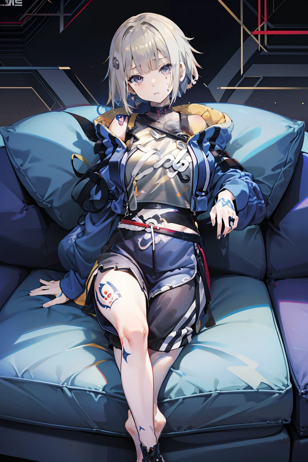 独奏、Ad cover、Woman sitting on sofa、Gray Hair Bob、cool expression、Dowel Dabo Hoodie、Tank tops、The tattoo、Lunette de soleil、Jumbled background、masterpiece、Fancy details、tre anatomically correct、top-quality