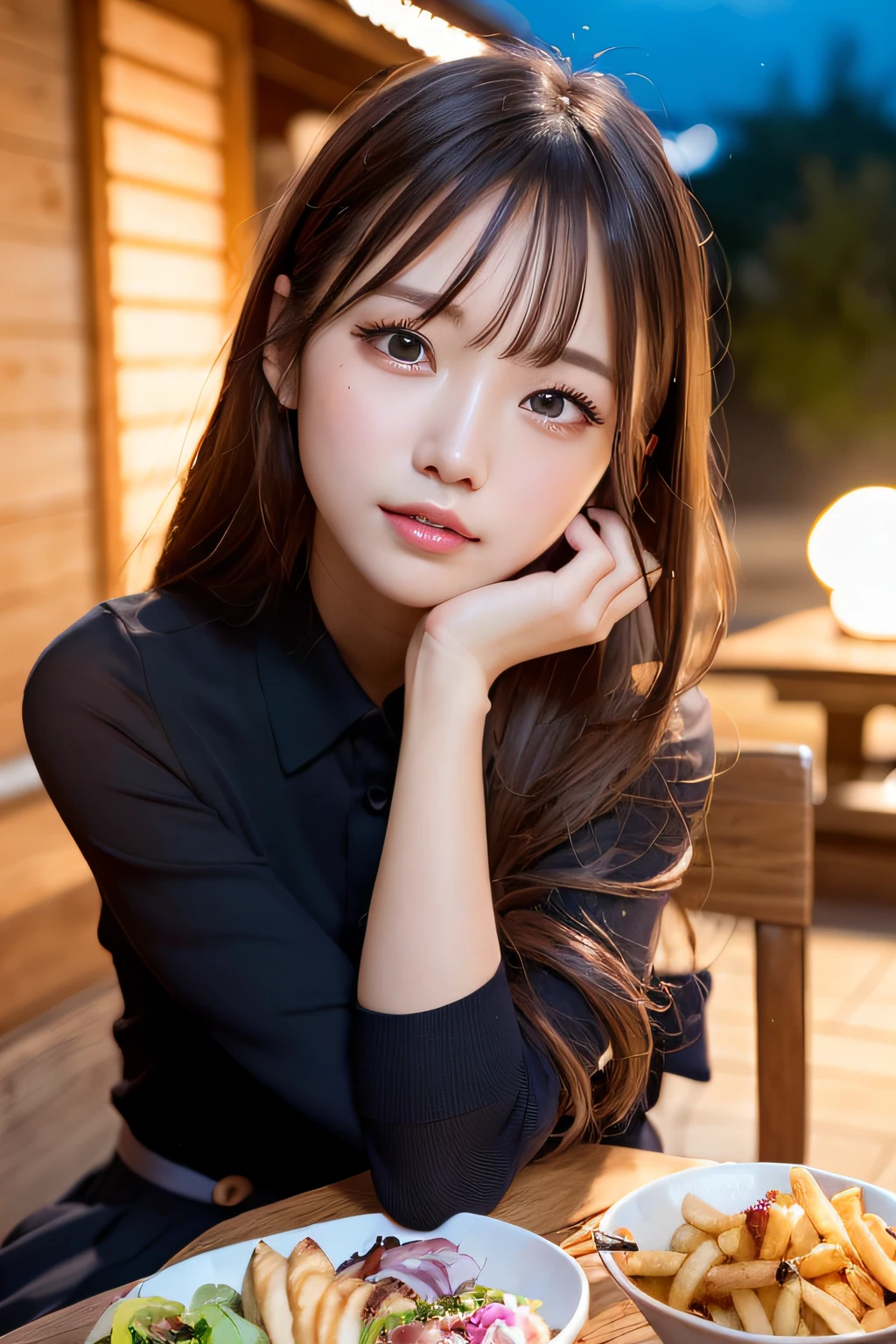 first-person-view, (masterpiece:1.3), high resolution, ultra detailed, extremely detailed CG unity 8k wallpaper, realistic, photo-realistic, RAW photo, beautiful detailed face, pale skin, realistic glistening skin, detailed cloth texture, detailed hair texture, Perfect body, Beautiful Face, accurate, Anatomically correct, Highly detailed face and skin texture, natural neck length, (beautiful hands), (fair skin:1.2), Thin legs, Thin feet, Well-aligned teeth, 
BREAK, 
Detailed eyes, symmetric eyes, Light Brown eyes, Double eyelids, Thin eyebrows, (Glossy lips:1.4), (sleepy face:1.2), (blush:1.3),
BREAK, 
(A Classy and Cute girl:1.3), (wearing a classy (Light Purple) Button shirt:1.2), ((Navy) long irregular hem skirt:1.2), close the button, (long skirt), 
medium breasts, (slender figure:1.1), firm abs, beautiful clavicle, 
(Dark blonde hair, wavy hair, long hair:1.2), ((asymmetrical bangs:1.2)), 
BREAK, 
(On the table, (there are yakitori, French fries, salad, and 'takoyaki' ):1.2), (Sitting opposite), ((resting your elbow on the table with gently lifted up her chin:1.3)), 
(in the outdoor 'Biergarten' of Japan at night)), (night), (night), (night), (Upper body shot:1.2), looking at viewer, from front,