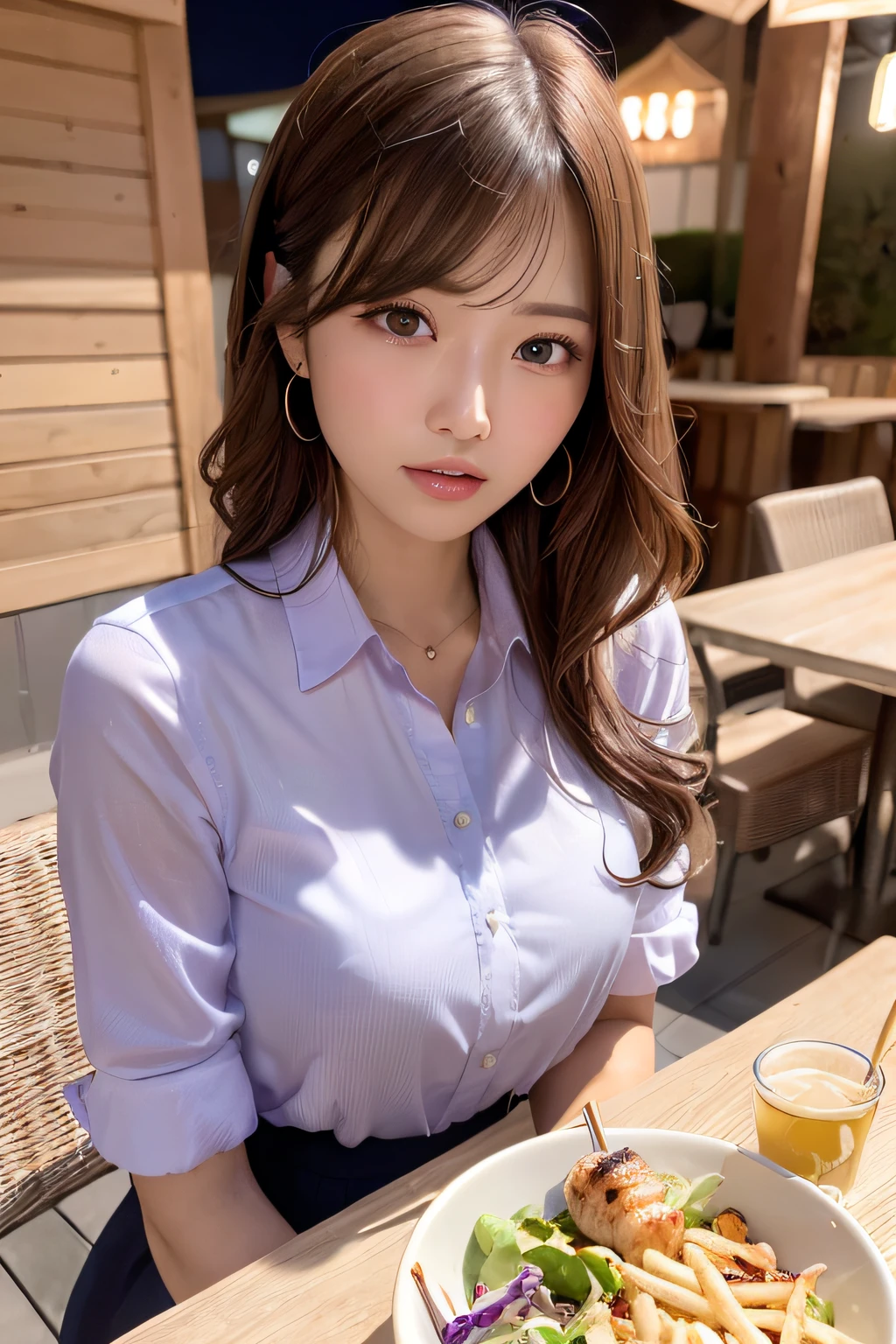 first-person-view, (masterpiece:1.3), high resolution, ultra detailed, extremely detailed CG unity 8k wallpaper, realistic, photo-realistic, RAW photo, beautiful detailed face, pale skin, realistic glistening skin, detailed cloth texture, detailed hair texture, Perfect body, Beautiful Face, accurate, Anatomically correct, Highly detailed face and skin texture, natural neck length, (beautiful hands), (fair skin:1.2), Thin legs, Thin feet, Well-aligned teeth, 
BREAK, 
Detailed eyes, symmetric eyes, Light Brown eyes, Double eyelids, Thin eyebrows, (Glossy lips:1.4), (sleepy face:1.2), (blush:1.3),
BREAK, 
(A Classy and Cute girl:1.3), (wearing a classy (Light Purple) Button shirt:1.2), ((Navy) long irregular hem skirt:1.2), close the button, (long skirt), 
medium breasts, (slender figure:1.1), firm abs, beautiful clavicle, 
(Dark blonde hair, wavy hair, long hair:1.2), ((asymmetrical bangs:1.2)), 
BREAK, 
(On the table, (there are yakitori, French fries, salad, and 'takoyaki' ):1.2), (Sitting opposite), ((resting your elbow on the table with gently lifted up her chin:1.3)), 
(in the outdoor 'Biergarten' of Japan at night)), (night), (night), (night), (Upper body shot:1.2), looking at viewer, from front,
