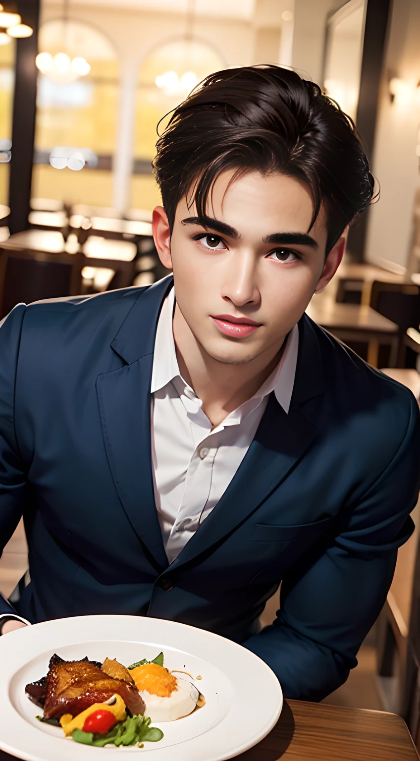 ((Men only)), (head shot), (face only), (handsome muscular male waiter in his 30s), (in the restaurant), (Pietro Boselli), (blue uniform), (showing his abs), (Mischievous smile), (detaile: 1 in 1), Natural muscles, HIG quality, beautidful eyes, (Detailed face and eyes), (Face、: 1 / 2), Noise, Real Photographics、... .................................................................................................................PSD, Sharp Focus, High resolution 8K, realisitic & Professional Photography, 8K UHD, Soft lighting, High quality, Film grain, FujifilmXT3