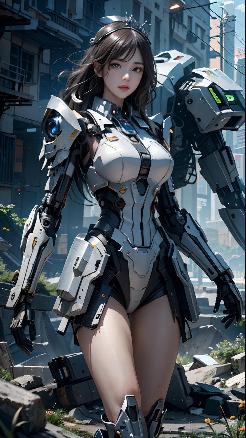 ((Best Quality)), ((Masterpiece)), (Very Detailed: 1.3), 3D, Shitu-mecha, Beautiful cyberpunk woman wearing crown with her mecha in ruins of a city in forgotten war, long silver hair, sci-fi technology, HDR (High Dynamic Range), ray tracing, nvidia RTX, super resolution, unreal 5, subsurface scattering, PBR texture, post-processing, anisotropic filtering, depth of field, maximum sharpness and sharpness, multi-layered texture, Albedo and specular mapping, surface shading, accurate simulation of light-material interactions, perfect ratios, octane rendering, duotone lighting, low ISO, white balance, rule of thirds, wide aperture, 8K RAW, high efficiency sub-pixels, subpixel convolution, luminous particles, light scattering, Tyndall effect