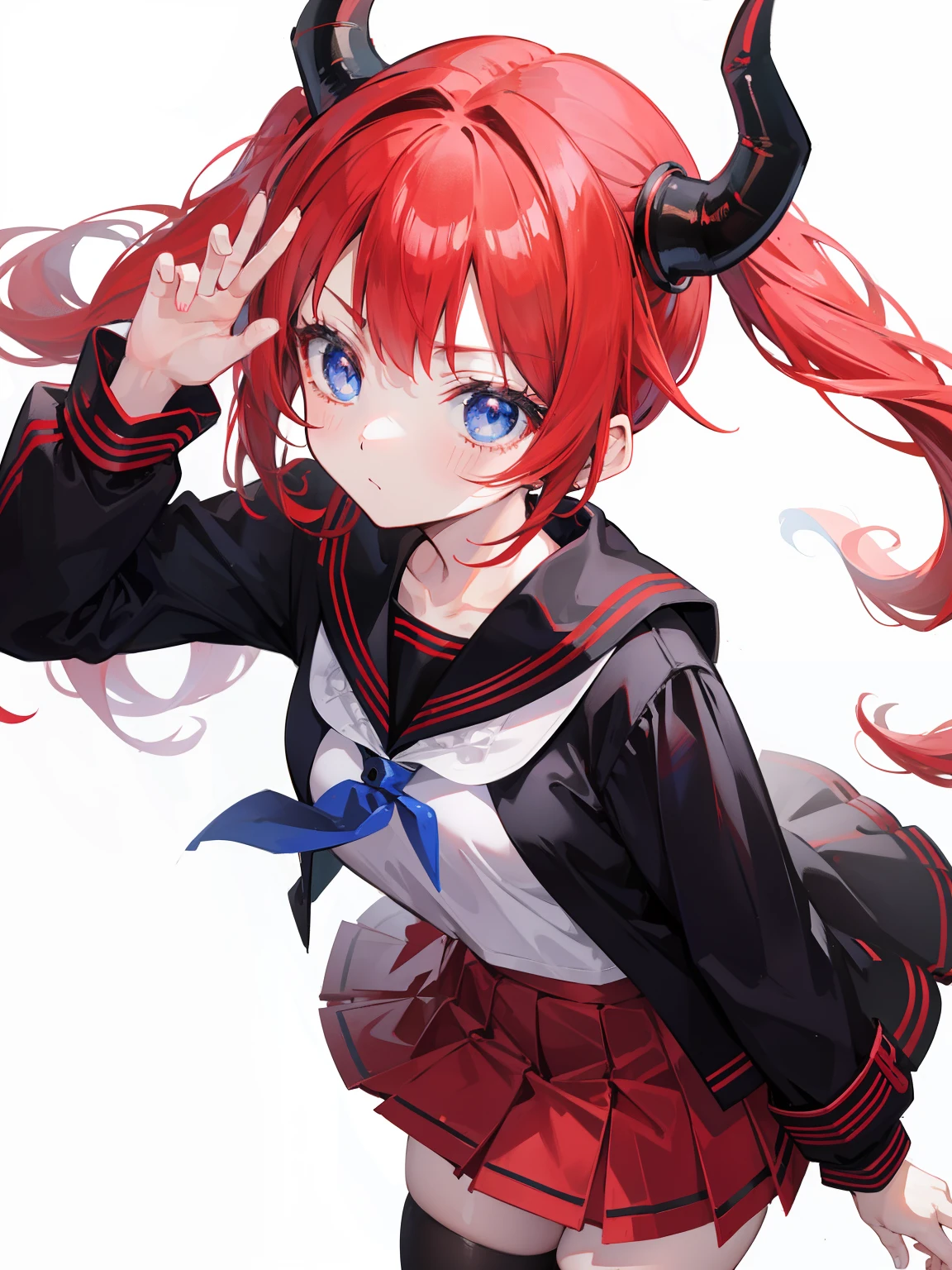 red hair, blue eyes, twintails, Sailor suit,black coat, Dragon horns,Pleated skirt,solo,loli,cute,bow