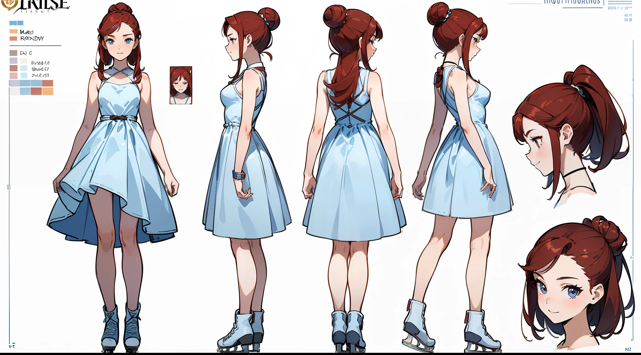 ((Best Quality)), ((Masterpiece)), ((Realistic)) 19 year old, redhead girl, armpit lenght hair, relaxed happy face ((slender)) (busty), ((( ice skater dress))) ((sexy dress))bun hairstyle, (((detailed character sheet, frontal view, side view, three quarter view))) (((white background))) 6 and a half heads full body