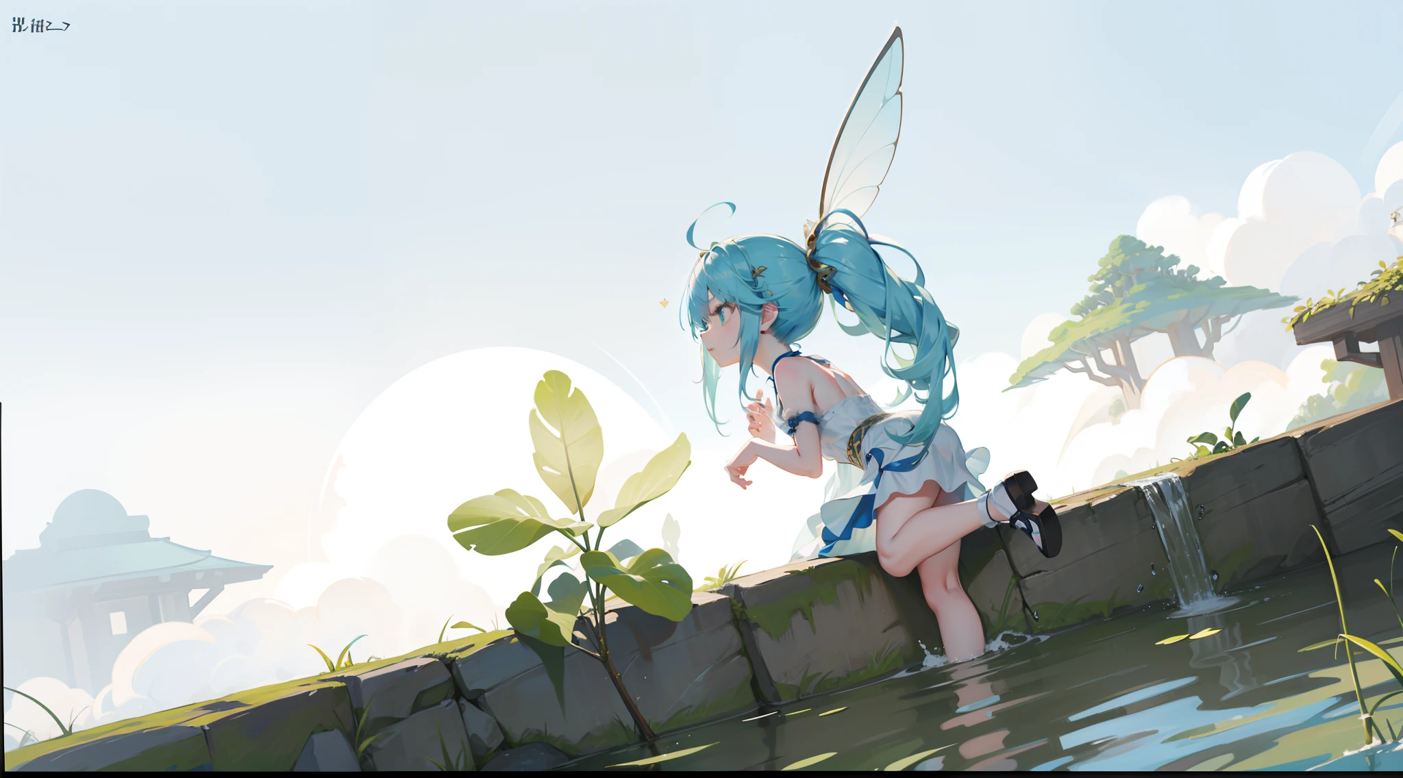 tiny faeries,Soft blue hair,pony tails,Game illustration,Lovely 2D image;Cold perfect face and soft skin,Green eyes;Wear a white dress;Floating on the grass,detail-rich,splash image,8K分辨率,Perfect masterpiece;Art station digital painting smooth:A masterpiece with realistic 8K resolution;intricately details;Natural and three-dimensional lighting;复杂、fairytale-like,sprawling、fantasy。"