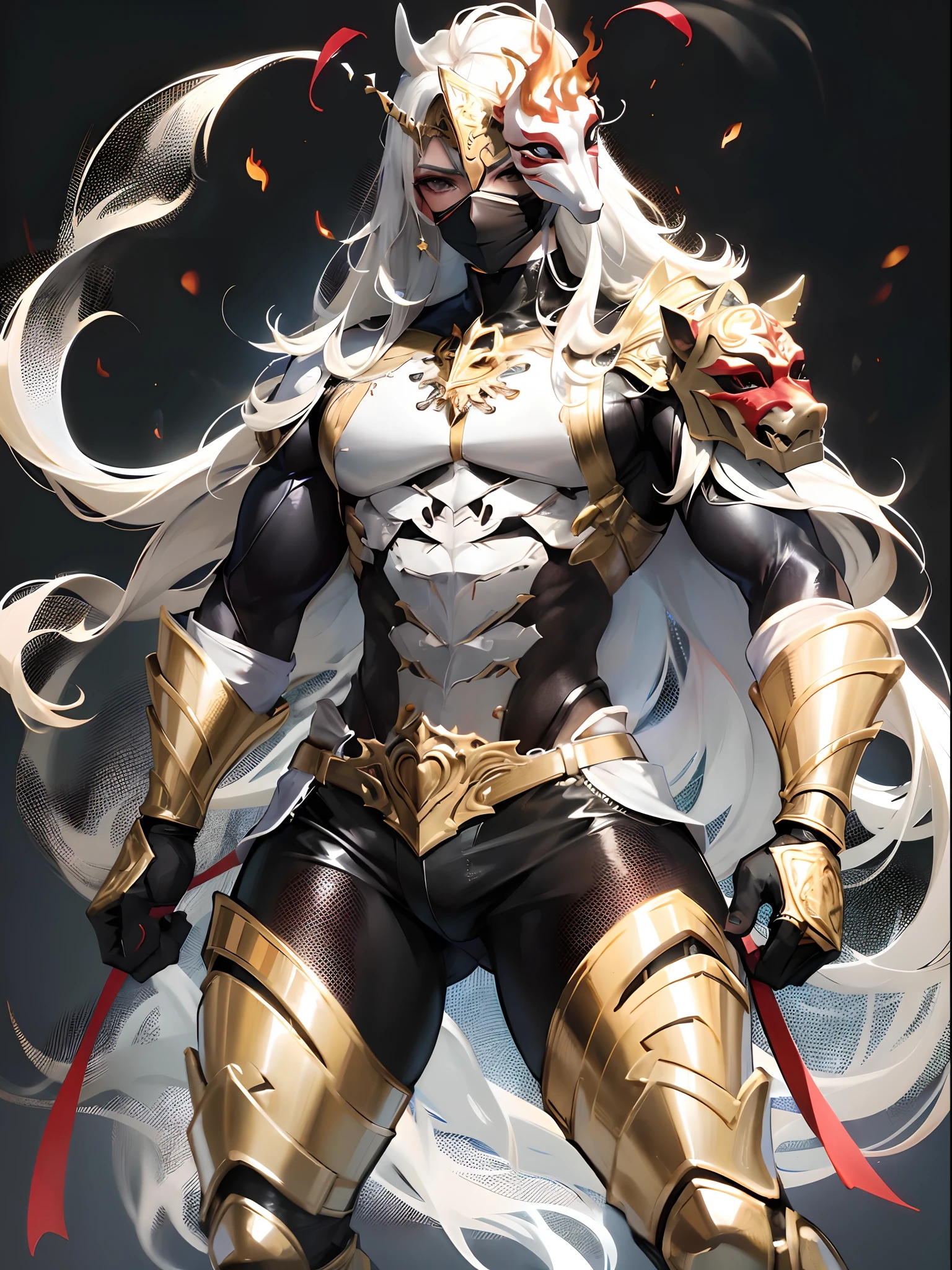 Glossy black armor with fine decoration、Does not expose the skin、Manly strong body、
